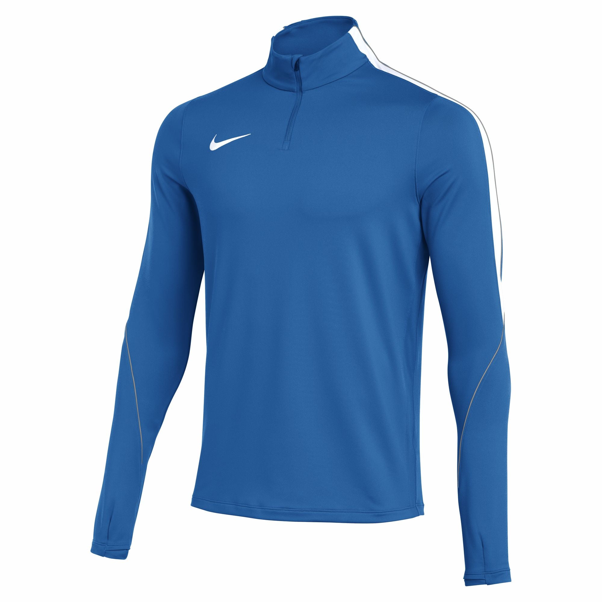 A blue Nike long-sleeved quarter-zip athletic top with a white swoosh on the chest and white stripes along the shoulders and sleeves.