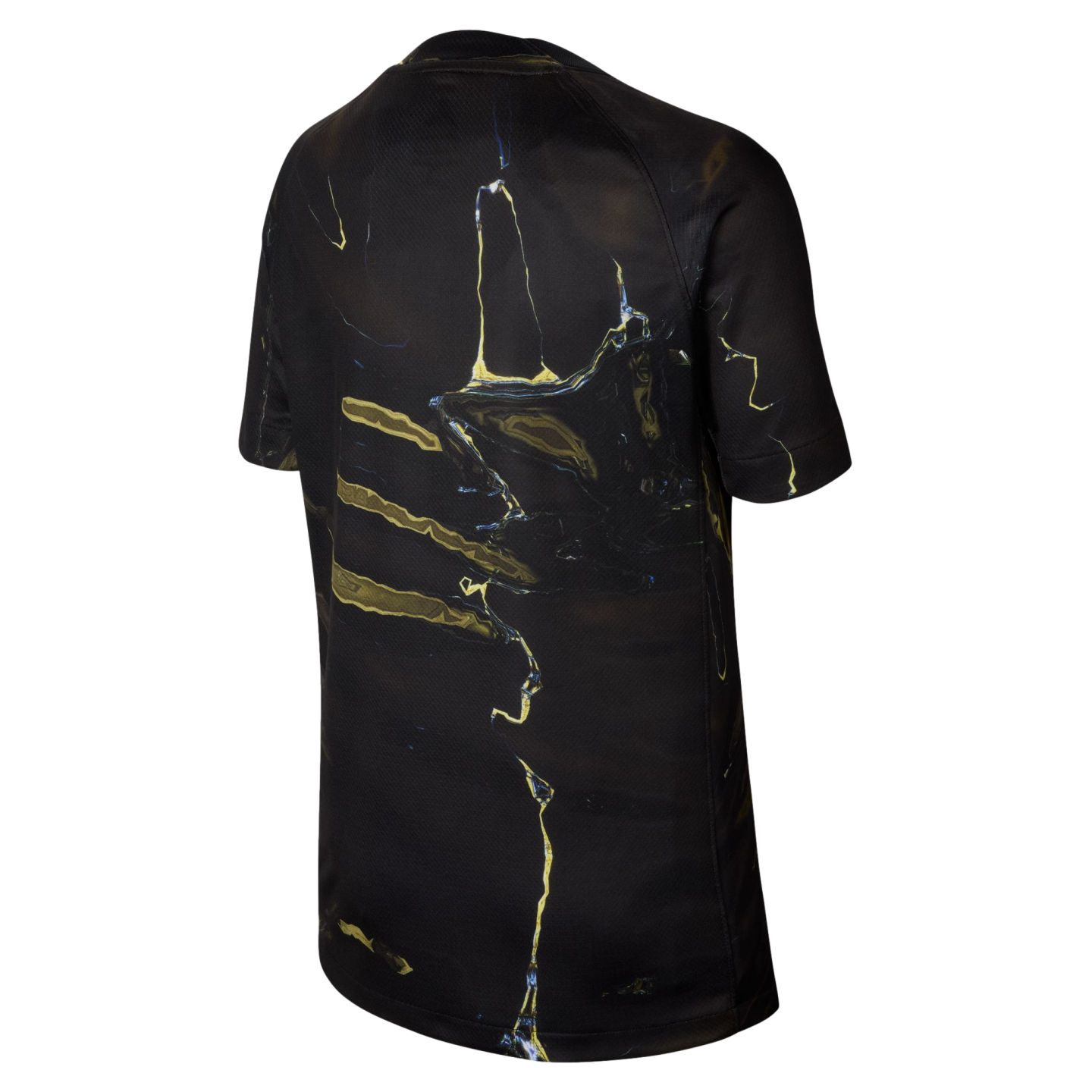 Rear view of a black short-sleeved t-shirt featuring an abstract gold and yellow liquid marble pattern.