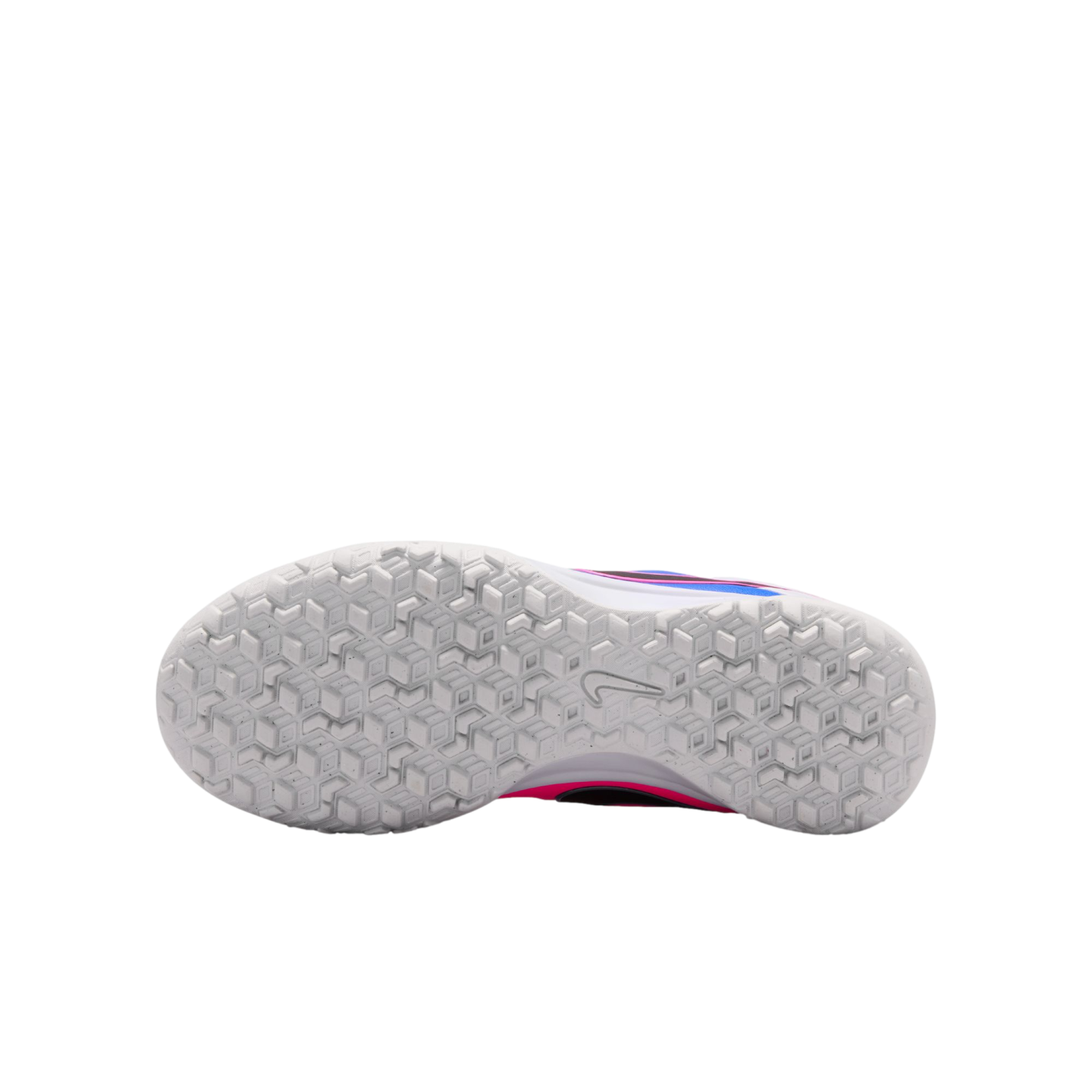 The white, textured sole of a Nike athletic shoe featuring a hexagonal traction pattern and small logo, set against a solid black background.