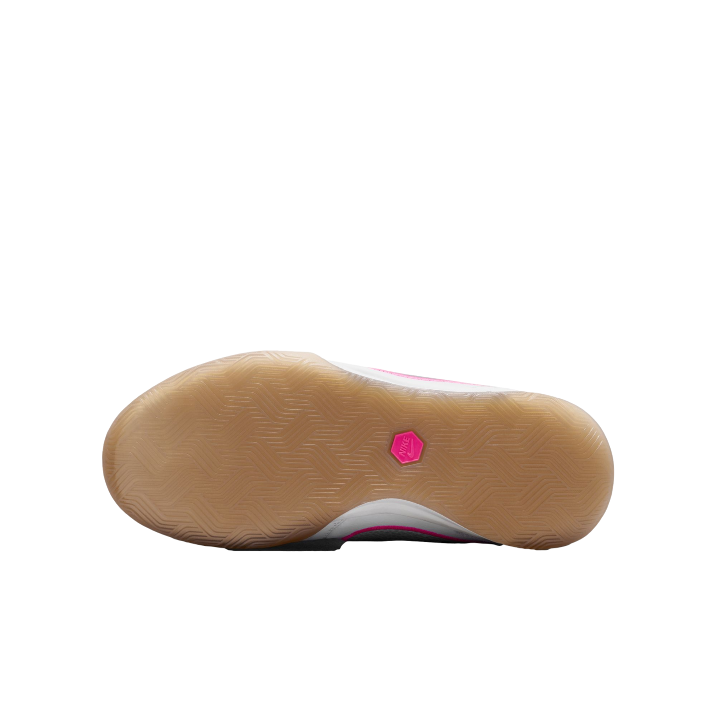 Bottom view of a Nike shoe featuring a gum rubber sole with a herringbone tread and a small pink hexagonal logo in the center.