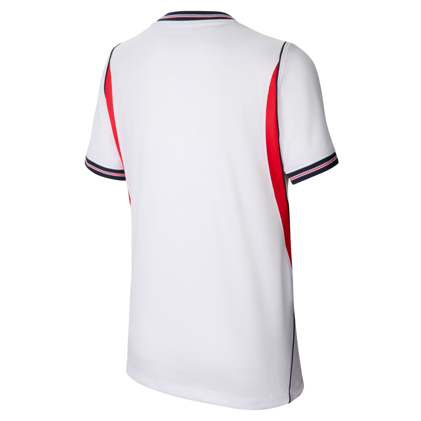 Back view of a white sports jersey with red side panels and navy-and-red striped trim on the collar and cuffs, against a black background.