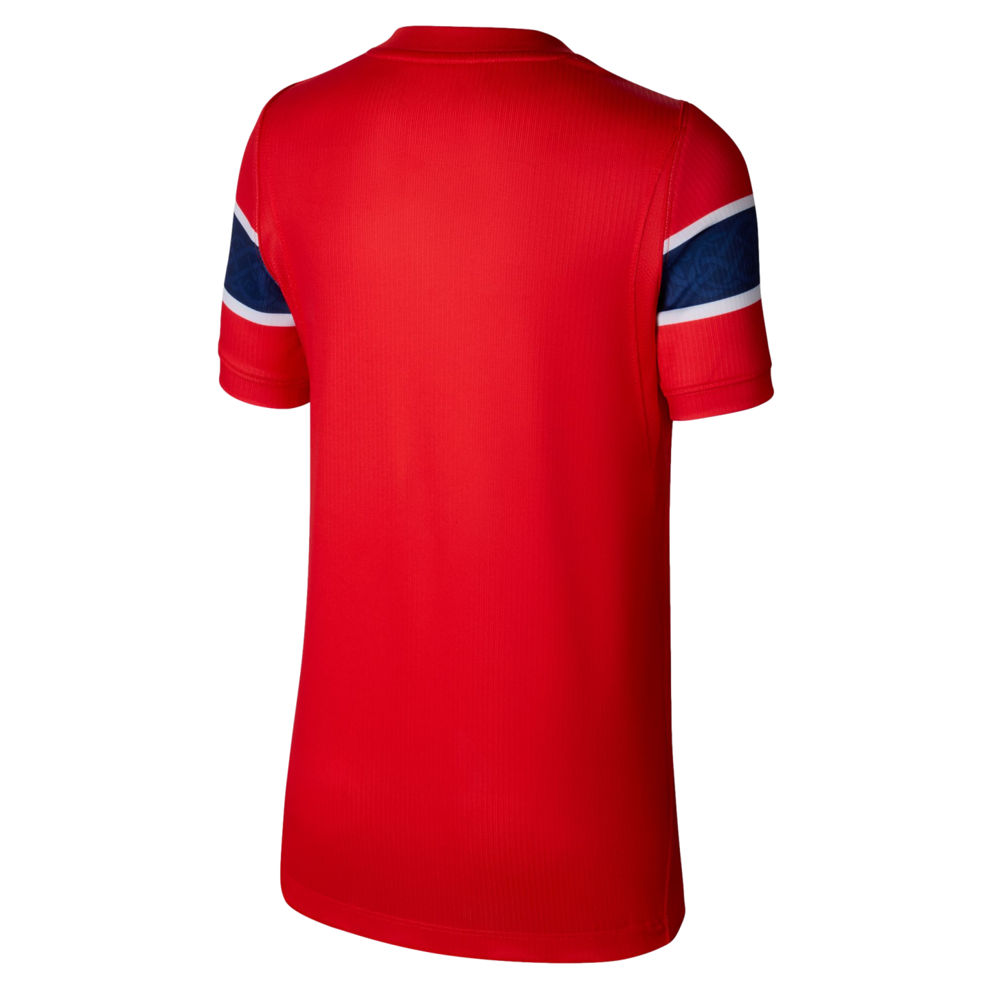 Back view of a red short-sleeved jersey displayed against a solid black background. The shirt features a subtle vertical-striped texture in the fabric. Each sleeve is detailed with a wide horizontal blue band that contains a tonal pattern, bordered by thin white stripes on both the top and bottom. The jersey has a simple red crew neck collar and a plain back.