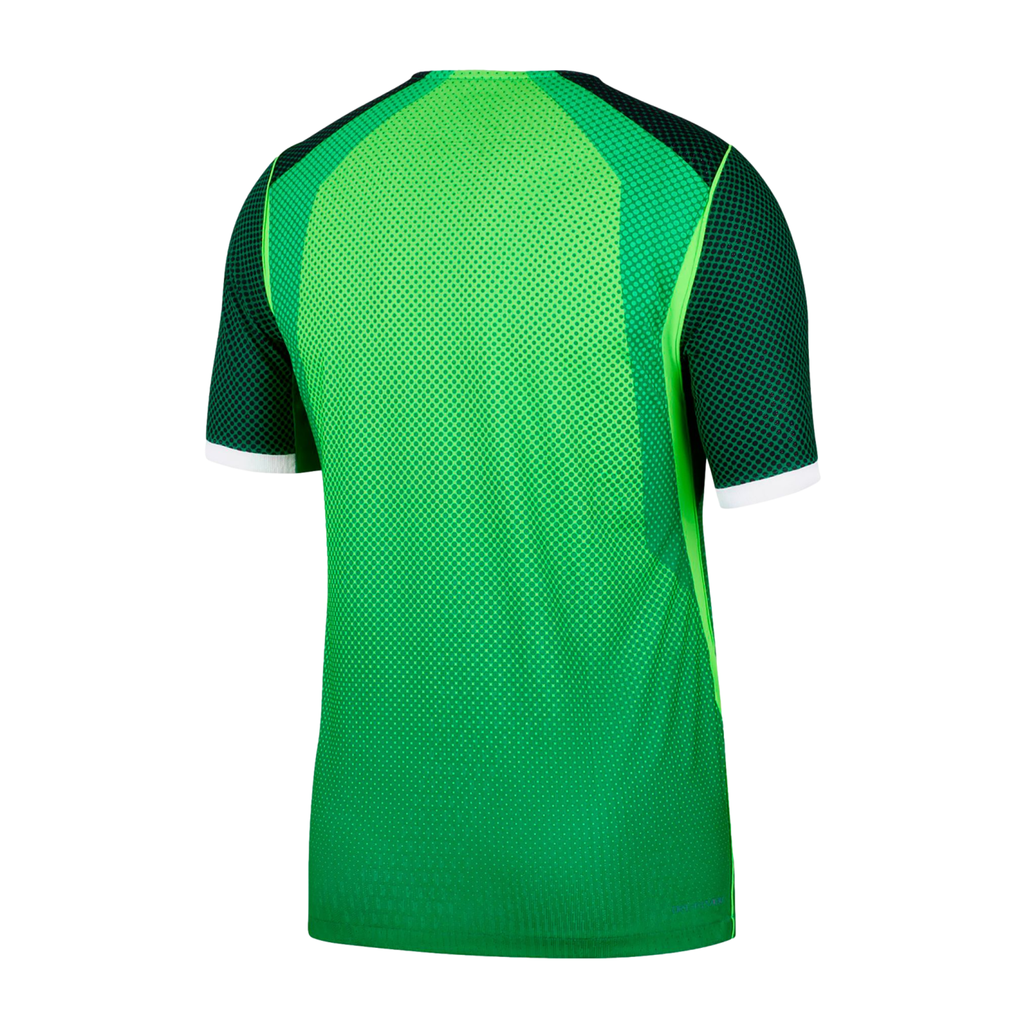 Back view of a bright green short-sleeved athletic jersey with dark patterned shoulders and white cuff bands on a solid black background.