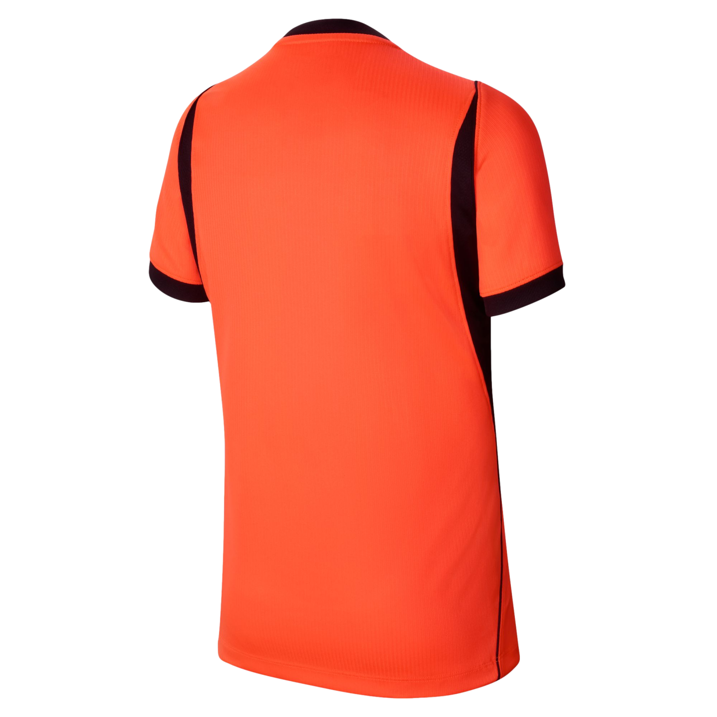 The back of a bright orange, short-sleeved athletic jersey shown against a black background. The jersey features black trim on the sleeve cuffs and black panels along the sides that taper up toward the shoulders. The fabric has a subtle vertical ribbed texture.