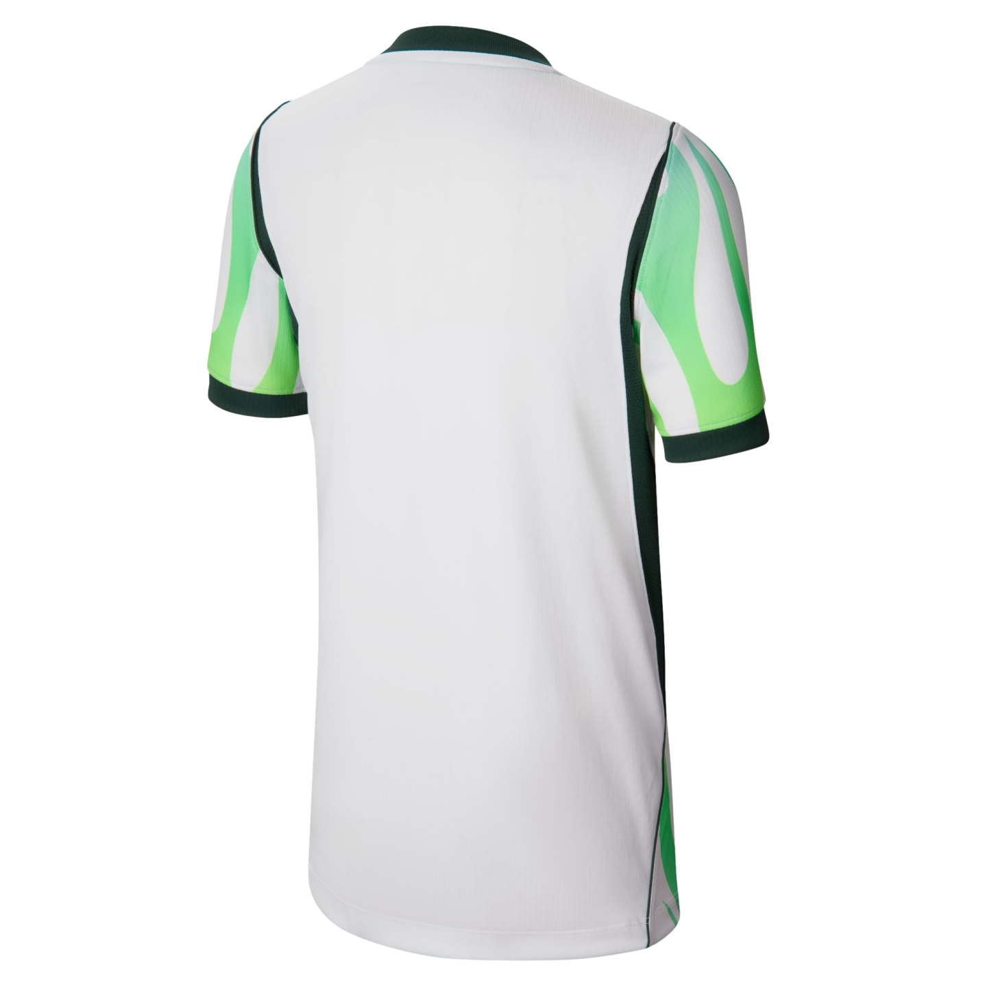 The back of a white short-sleeve jersey featuring green and white patterned sleeves and dark green side panels and trim.