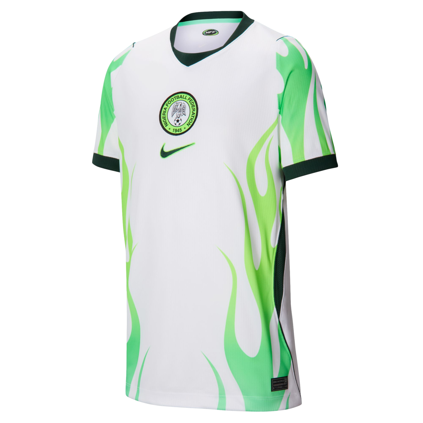 White Nigeria soccer jersey with light green flame graphics on the sides, featuring the team's crest and a Nike swoosh.