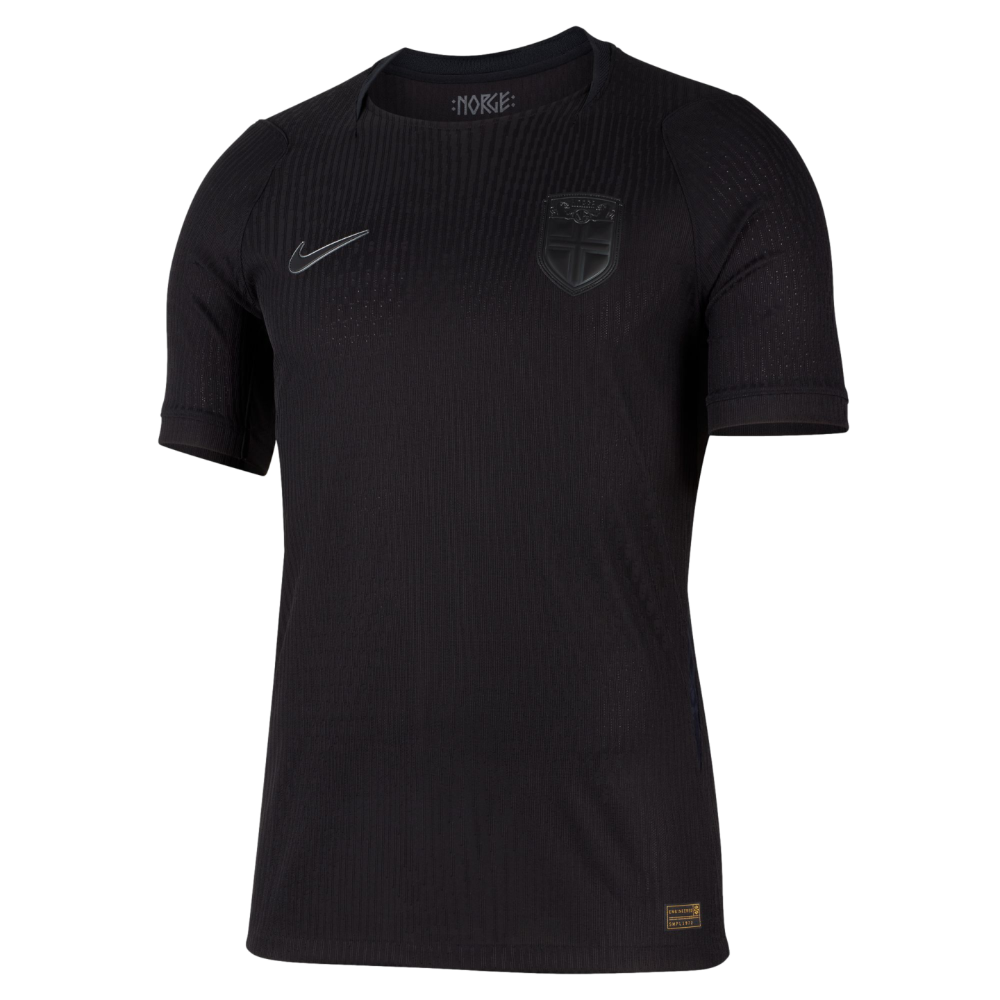 Black Nike short-sleeved soccer jersey with a subtle ribbed texture. Features a grey Nike swoosh, a monochrome shield crest, and "NORGE" text inside the collar.