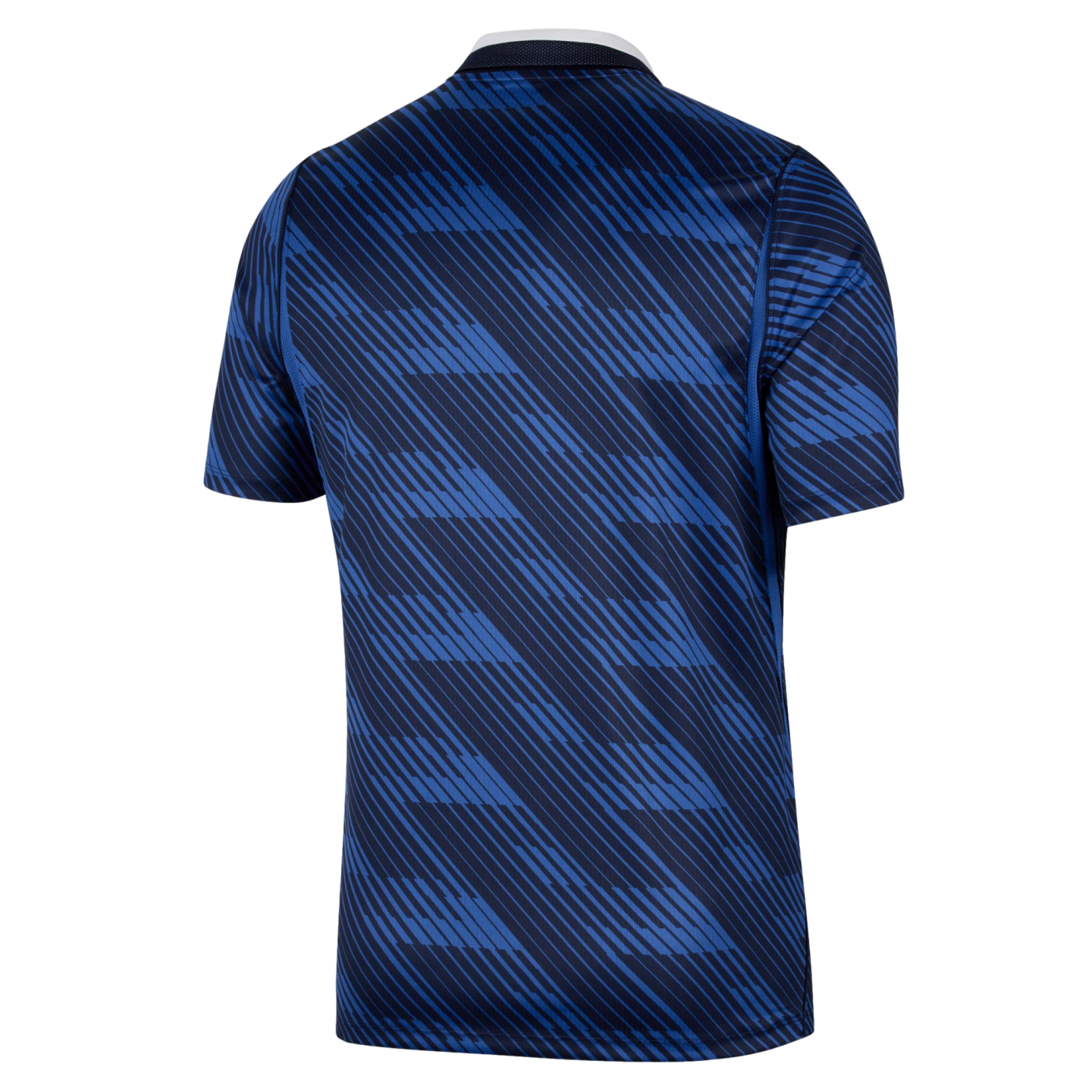 The back view of a blue short-sleeved athletic jersey with a repeating diagonal pattern of dark and royal blue stripes. Features a white collar detail against a black background.