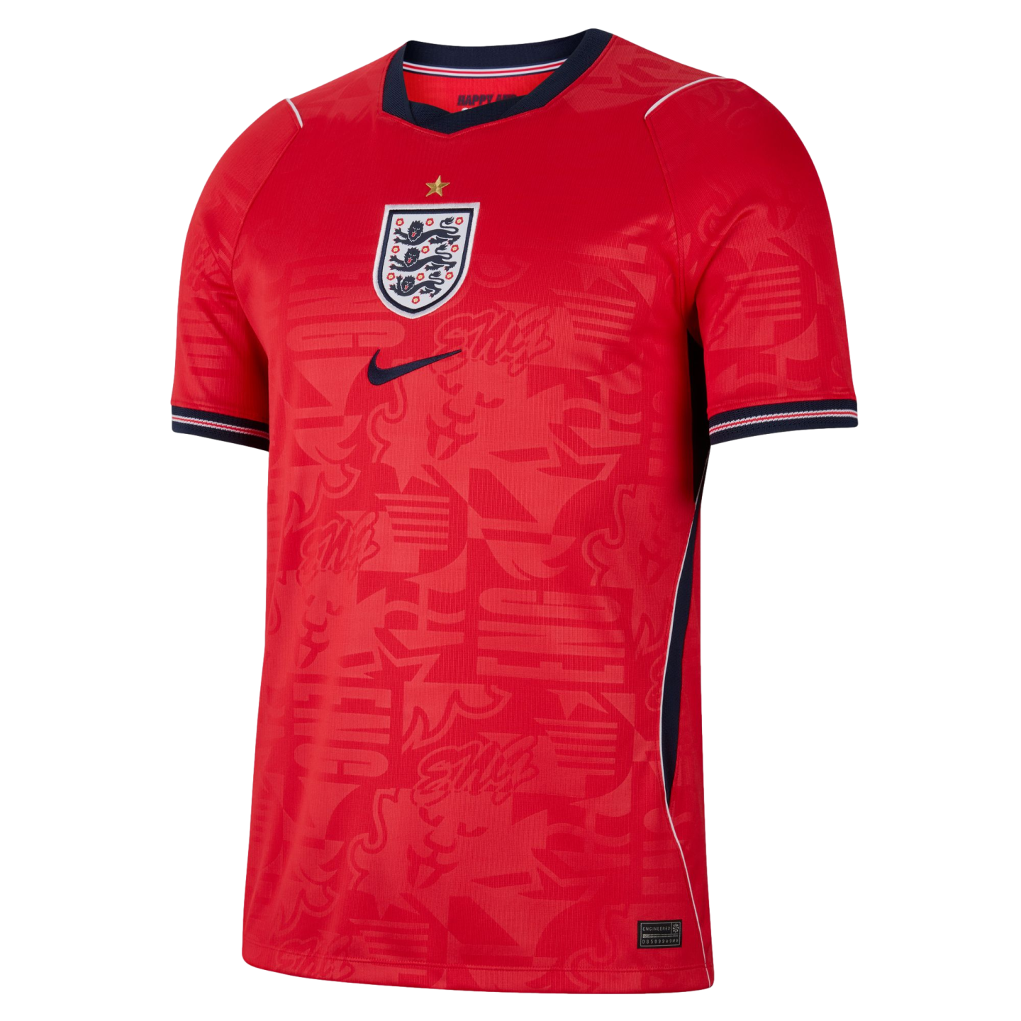 Red Nike England national football team away jersey featuring a tonal graphic pattern, central crest, and navy blue trim on the collar and cuffs.