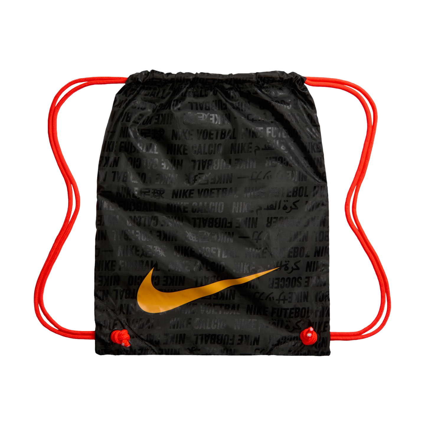 Black Nike drawstring bag with bright orange straps and a large gold swoosh. Features a repeating tonal pattern of "Nike" and "football" in various languages.