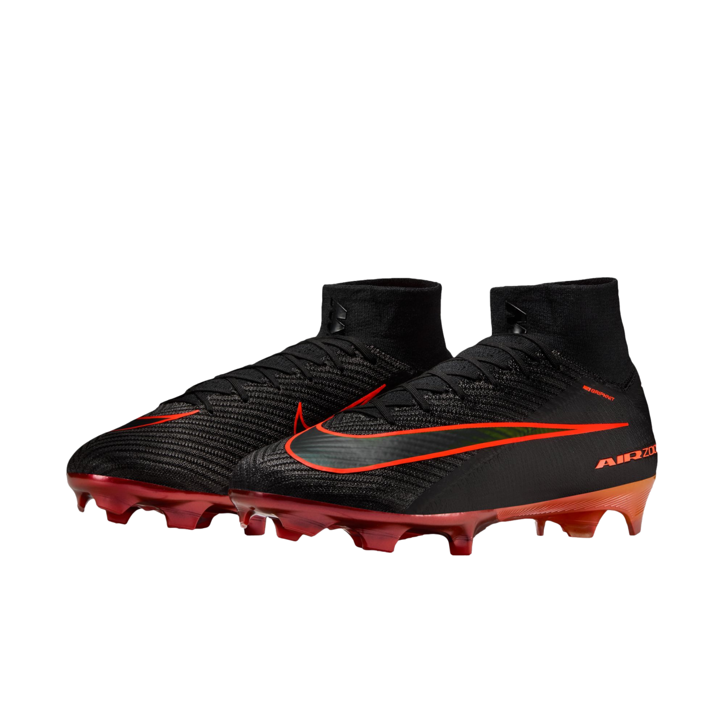 A pair of black Nike Mercurial Air Zoom soccer cleats with bright orange and red accents. The cleats feature a high-top, sock-like collar and a textured upper material. A large, orange Nike Swoosh wraps around the side, and the sole plate and studs are a translucent red and orange. The shoes are shown from a side-front angle against a solid black background.