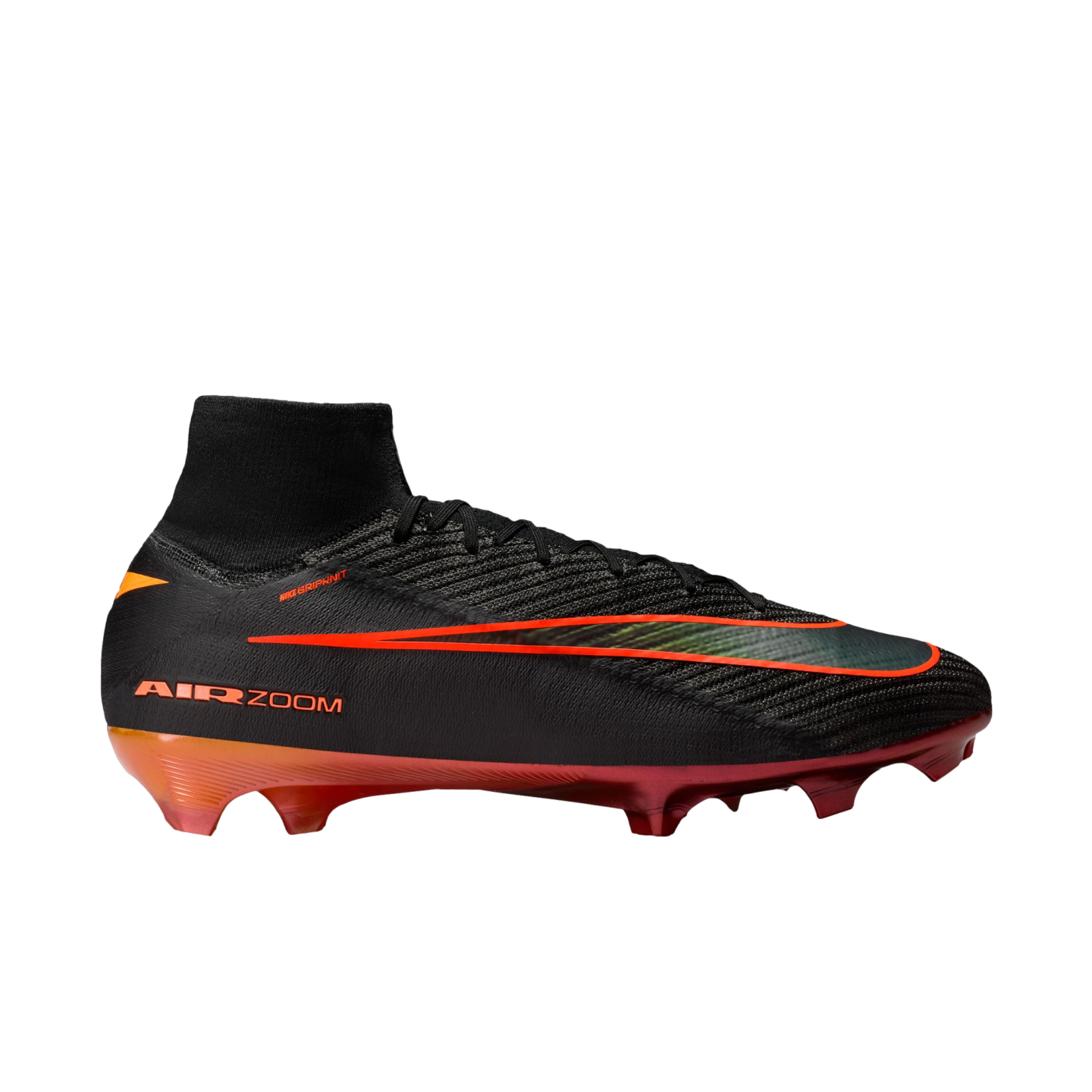 A side profile of a Nike Mercurial Superfly soccer cleat against a solid black background. The boot is primarily black with a high-top knit collar and a large orange-outlined swoosh stretching across the side. The soleplate features a vibrant orange and red gradient with firm-ground studs, and "AIR ZOOM" is printed in orange near the heel.