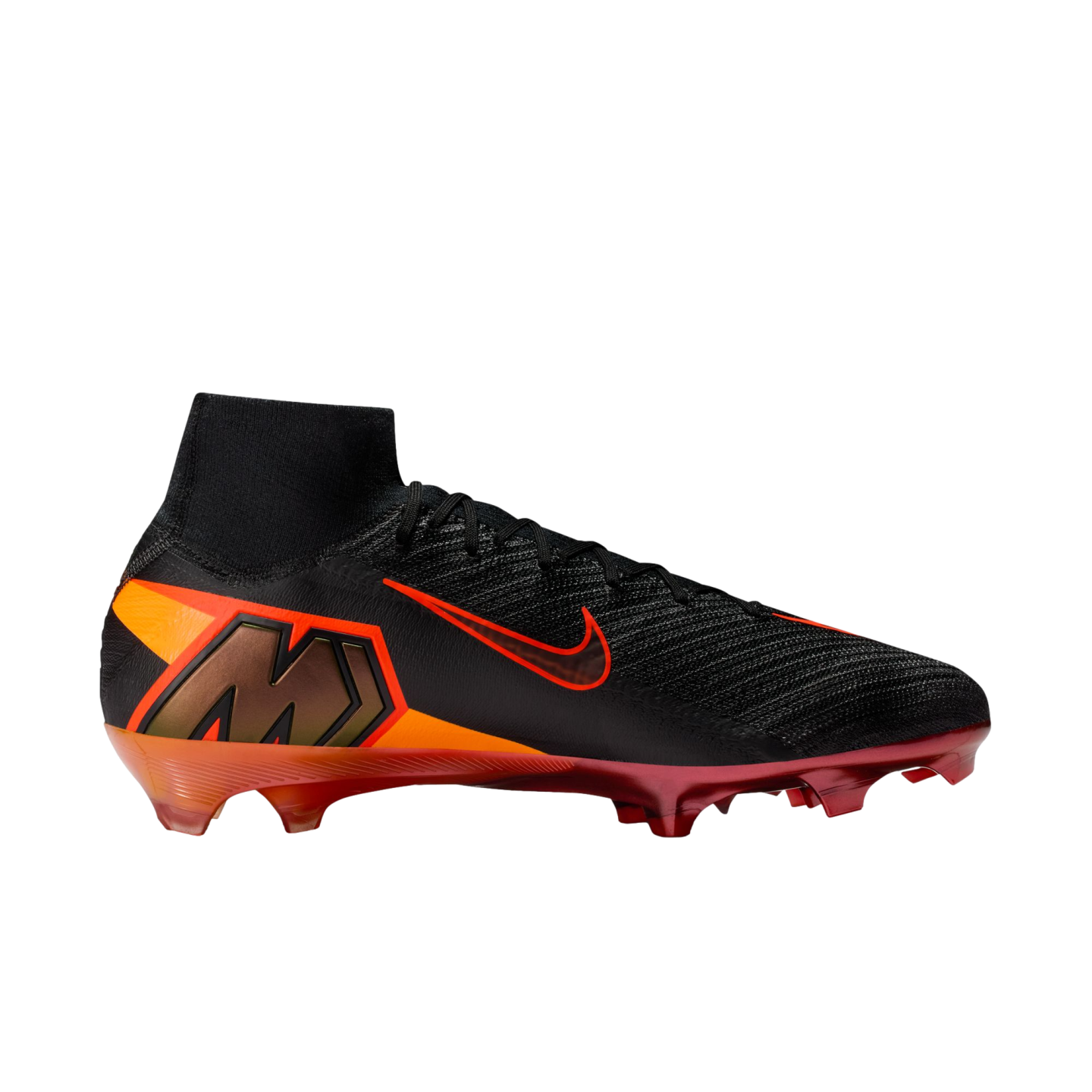 A side view of a Nike Mercurial Superfly soccer cleat featuring a black knit upper and a high-top collar. An orange Nike Swoosh with a red outline is on the side, and a large bronze "M" logo is set into an orange and red graphic on the heel. The soleplate and studs are a translucent red and orange. The cleat is positioned against a solid black background.