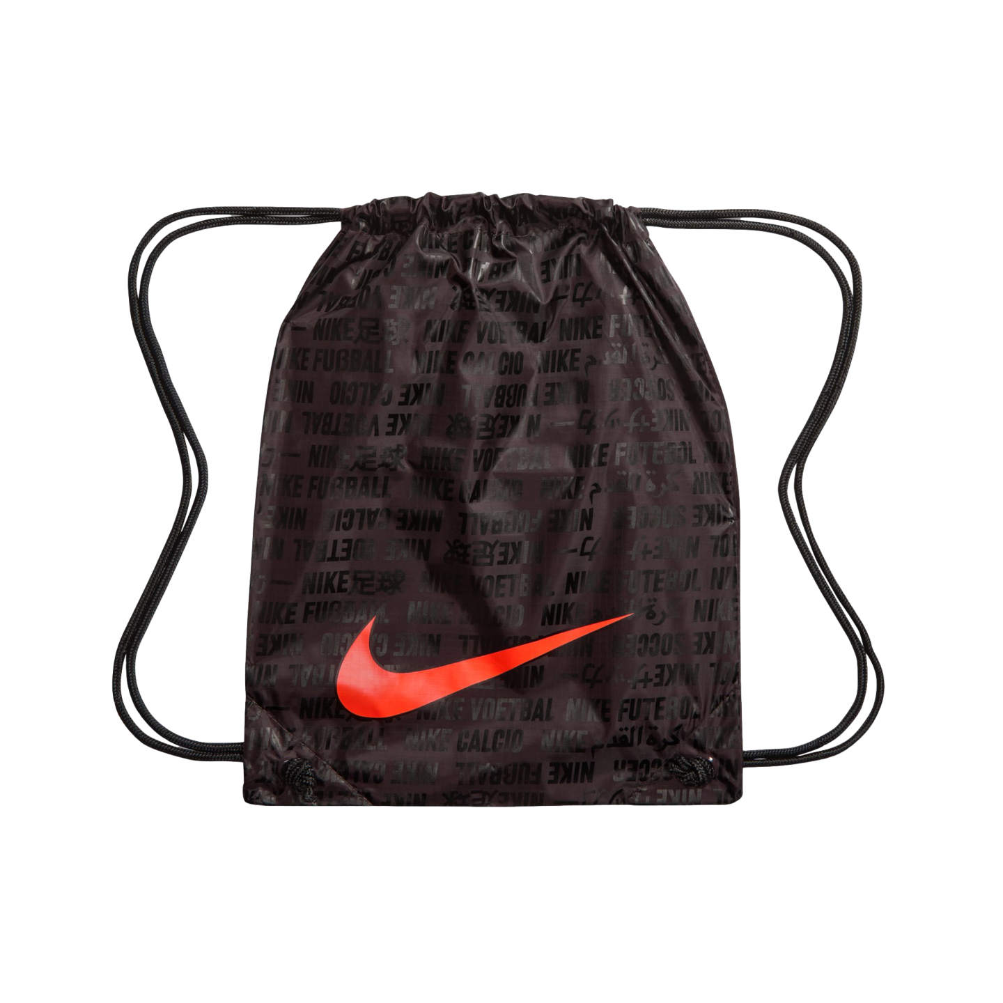 A dark brown Nike drawstring bag featuring a large, bright red swoosh across the center. The bag is covered in a repeating black text pattern of "NIKE" followed by translations for the word "football" in various languages and scripts. Black cord drawstrings at the top serve as shoulder straps.