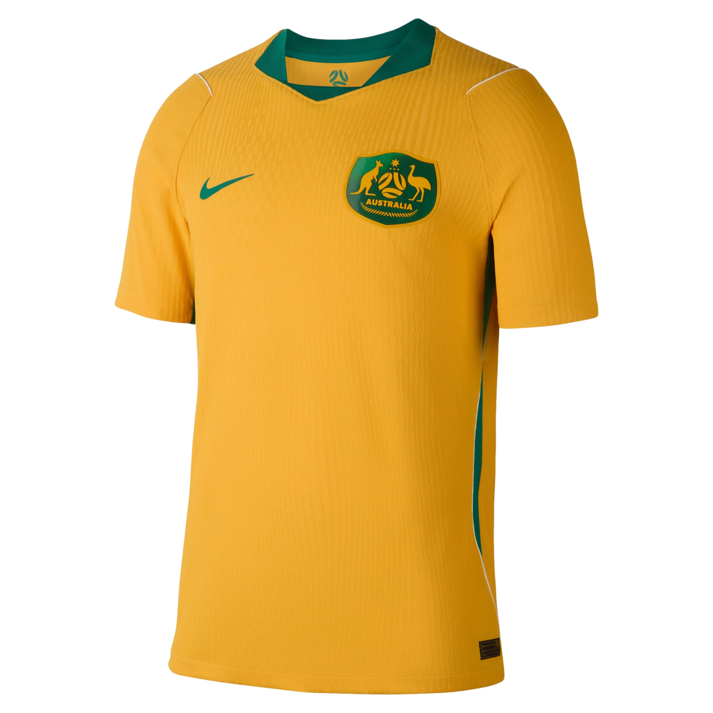 Gold Australia national football team home jersey with green collar, Nike swoosh, and team crest.