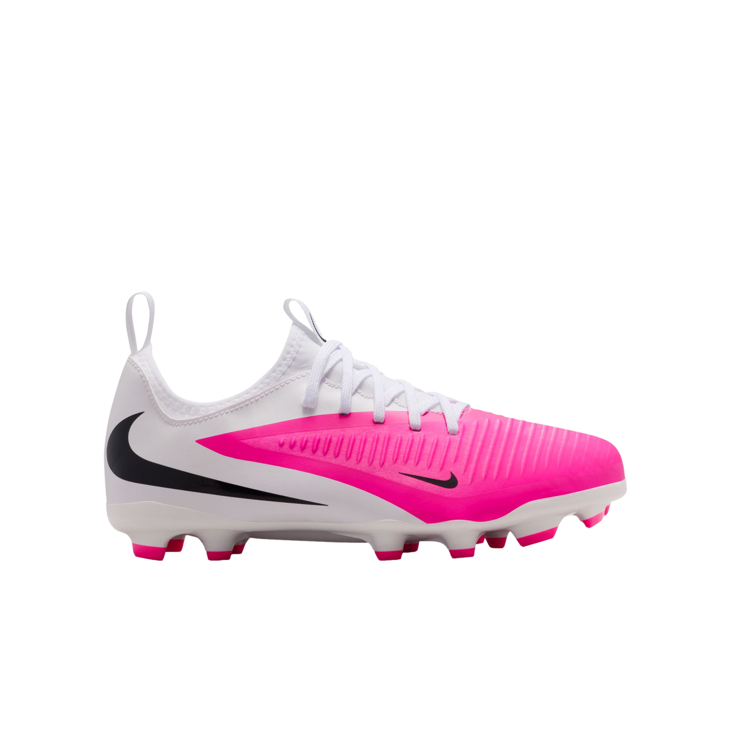 A white and vibrant pink Nike soccer cleat with a large black swoosh on the side and white laces.