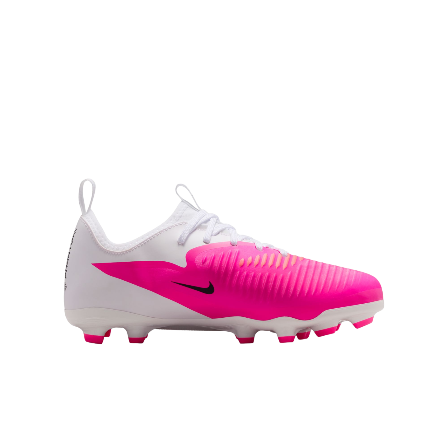 A side view of a white Nike Phantom soccer cleat with vibrant pink overlays and a black swoosh, featuring white laces and pink-tipped studs.