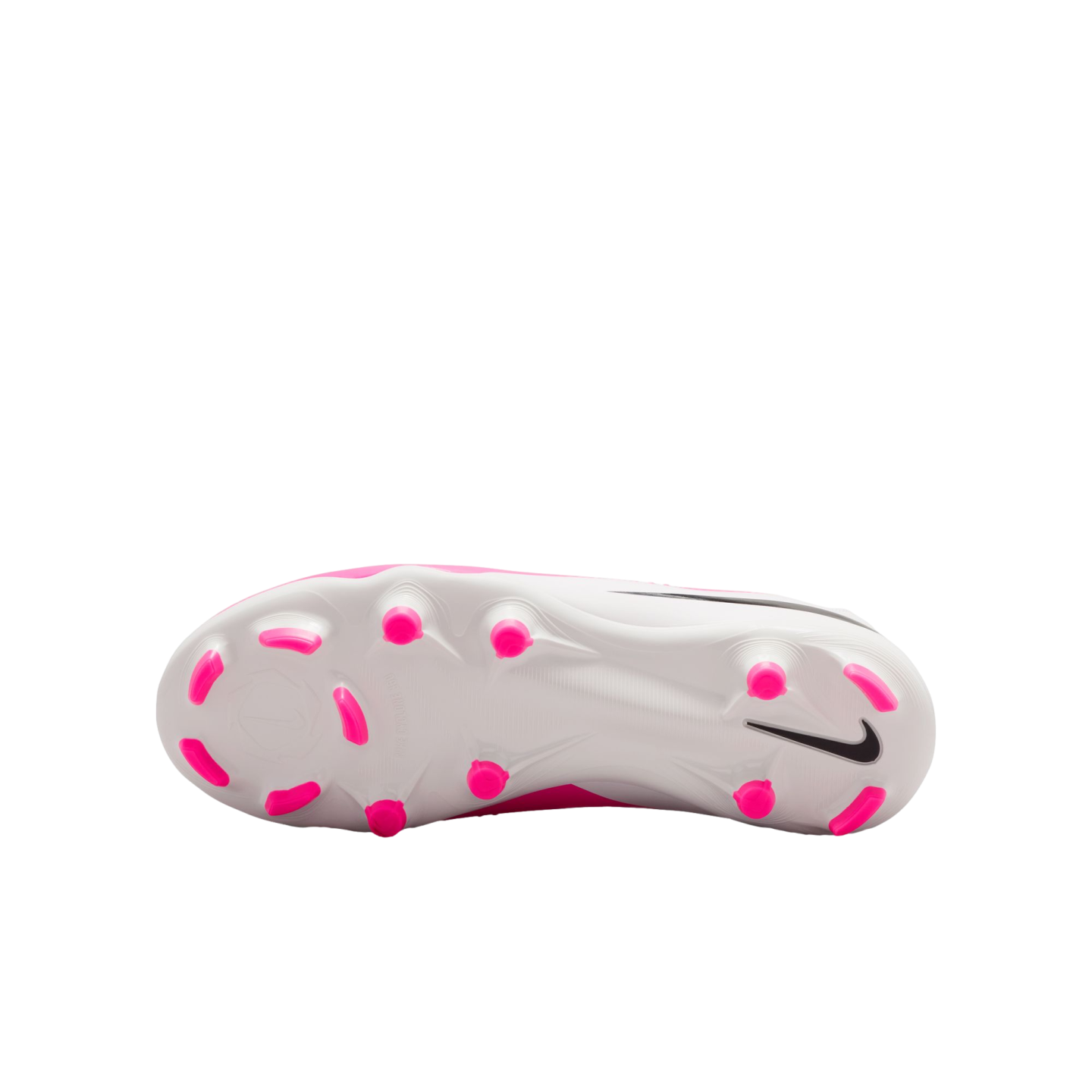 Bottom view of a white Nike soccer cleat featuring bright pink studs and a black Nike swoosh on the heel.