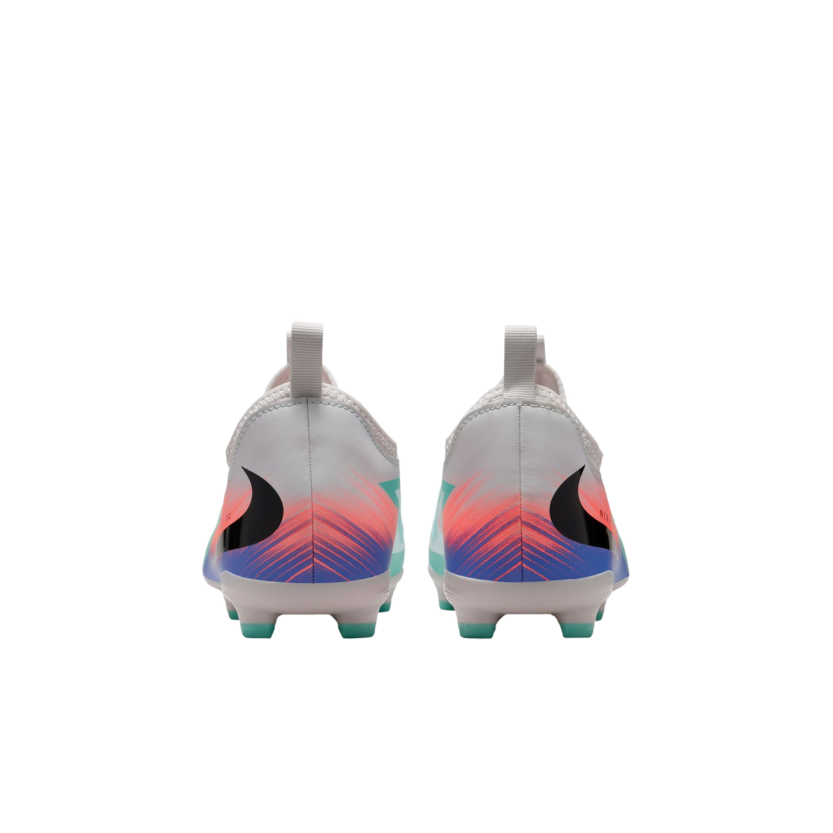 Rear view of white Nike soccer cleats featuring a vibrant blue, pink, and orange gradient pattern on the heels with black swooshes, set against a black background.