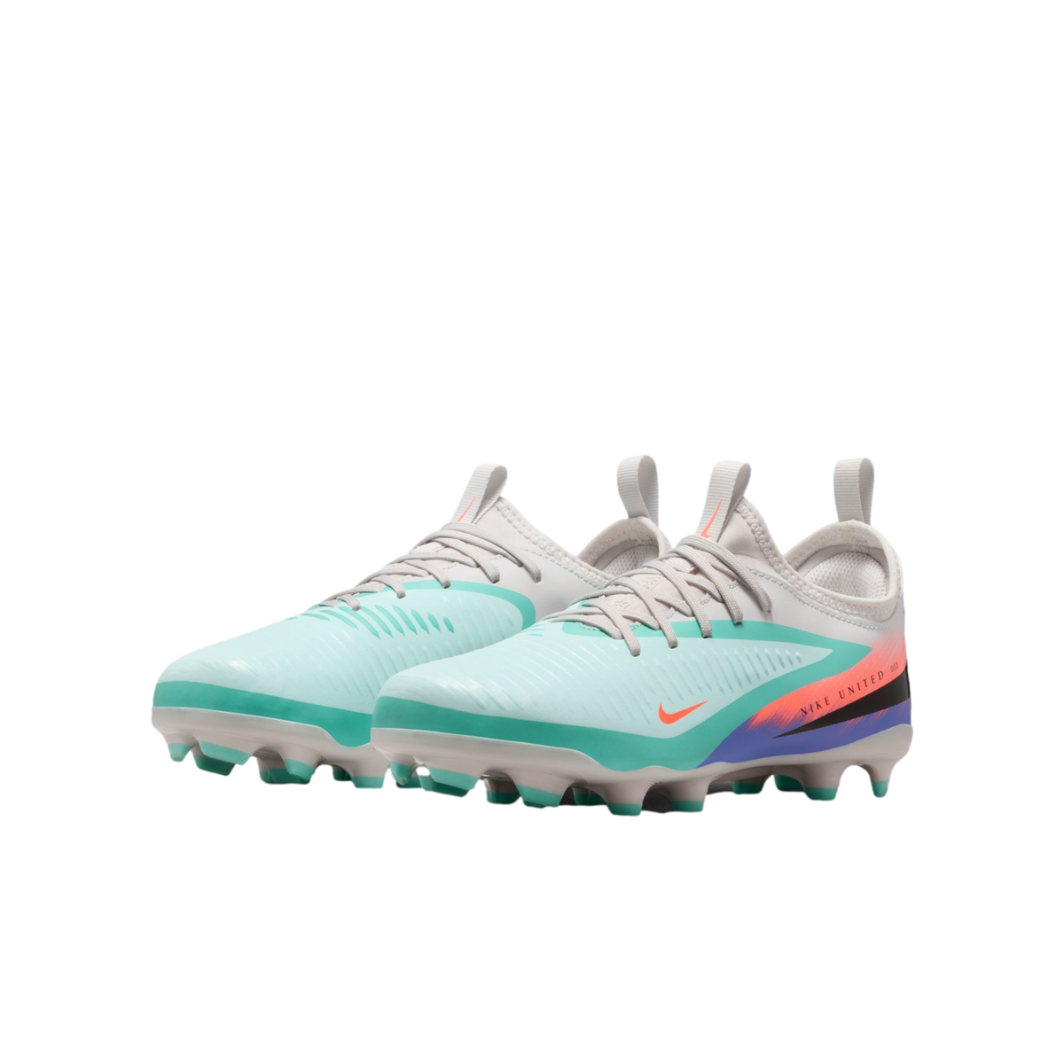 Mint green and teal Nike soccer cleats with orange swooshes and purple heel graphics, featuring studded soles and 'NIKE UNITED' branding.