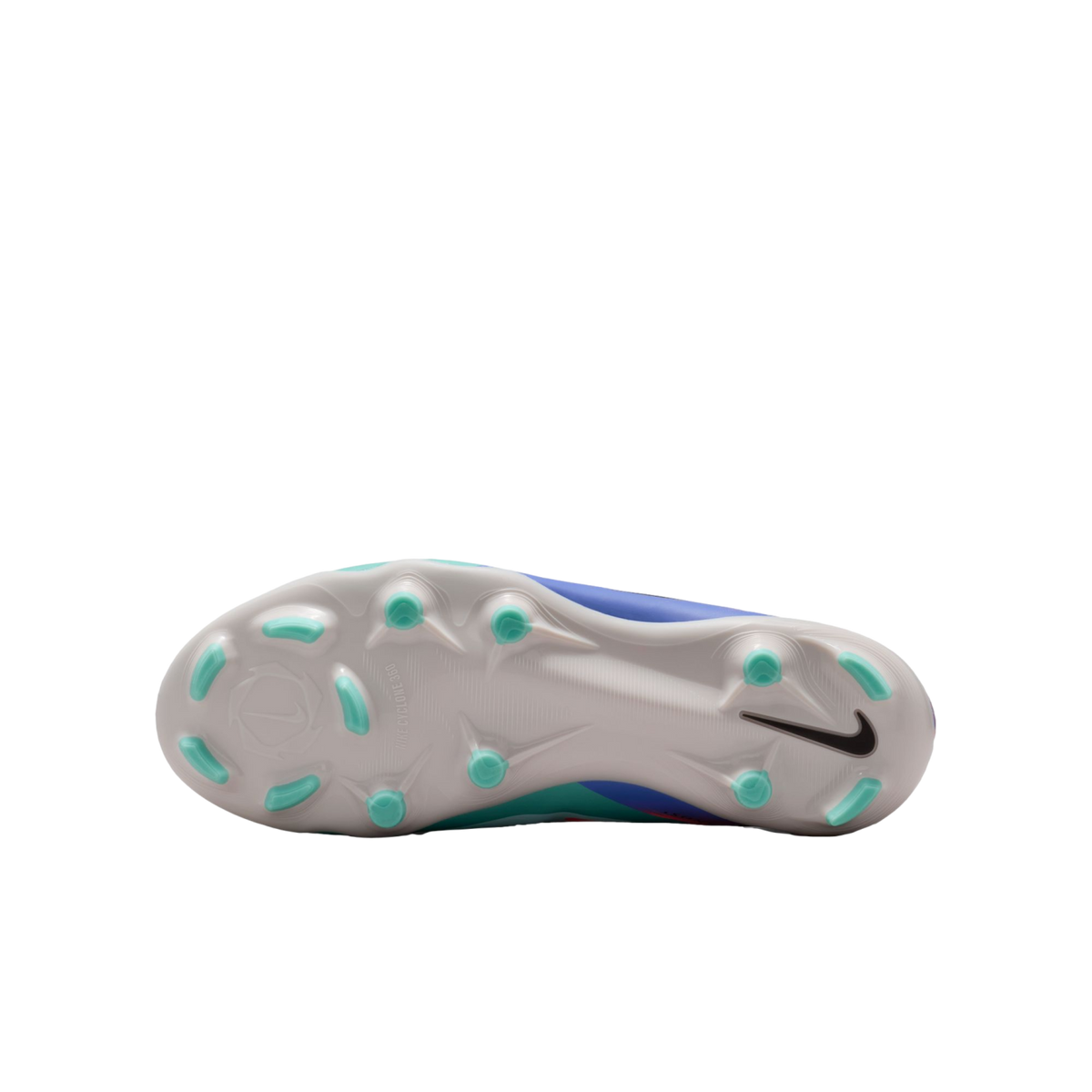 Bottom view of a Nike soccer cleat featuring a white sole with teal studs and a black swoosh logo, set against a solid black background.