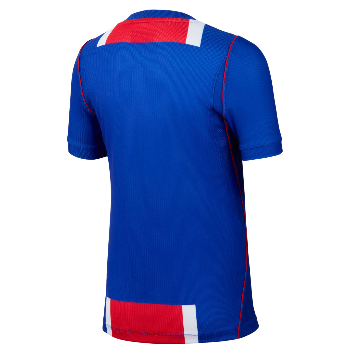 Back view of a blue athletic jersey featuring red and white horizontal bands across the top and bottom with red piping along the sides.