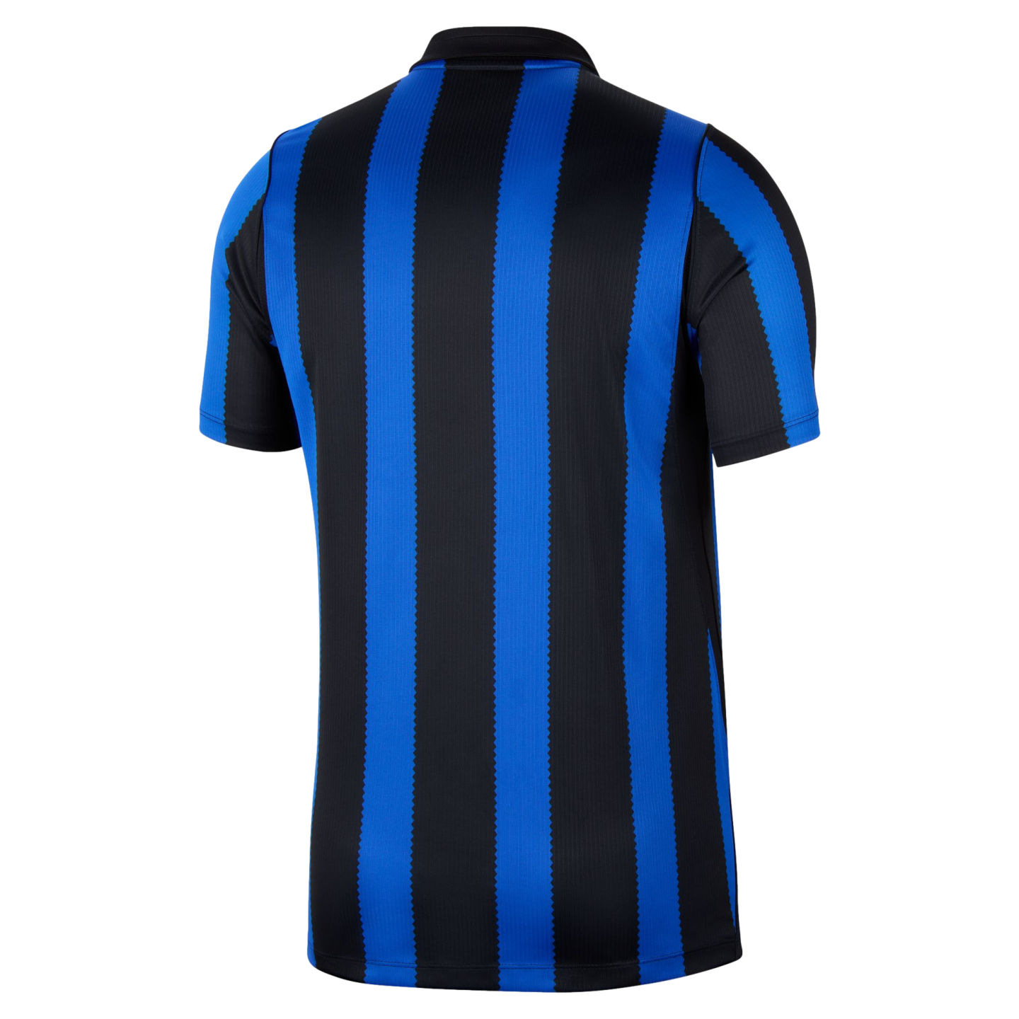 Rear view of a short-sleeved blue and black vertical striped jersey with a black polo collar and zigzag pattern edges.