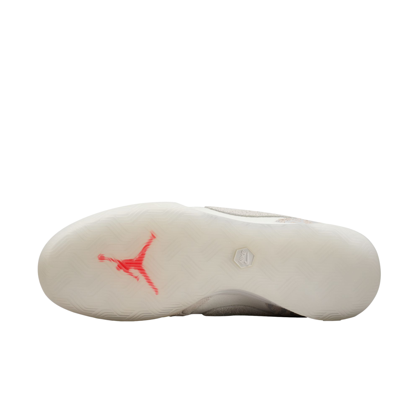 Translucent white sneaker outsole featuring a red Jumpman logo with a layered effect and a small white Nike logo, against a black background.