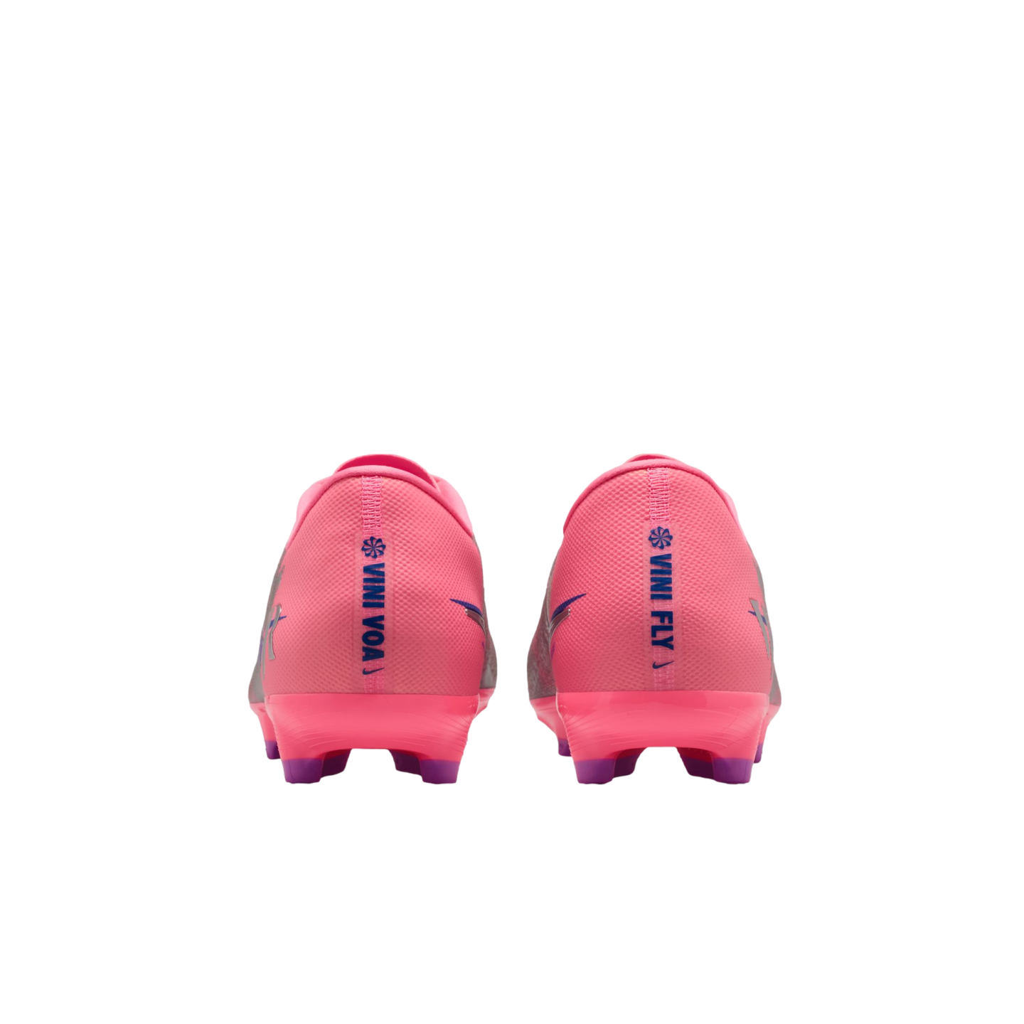 Rear view of pink Nike soccer cleats with blue vertical text "VINI VOA" and "VINI FLY" on the heels, against a black background.