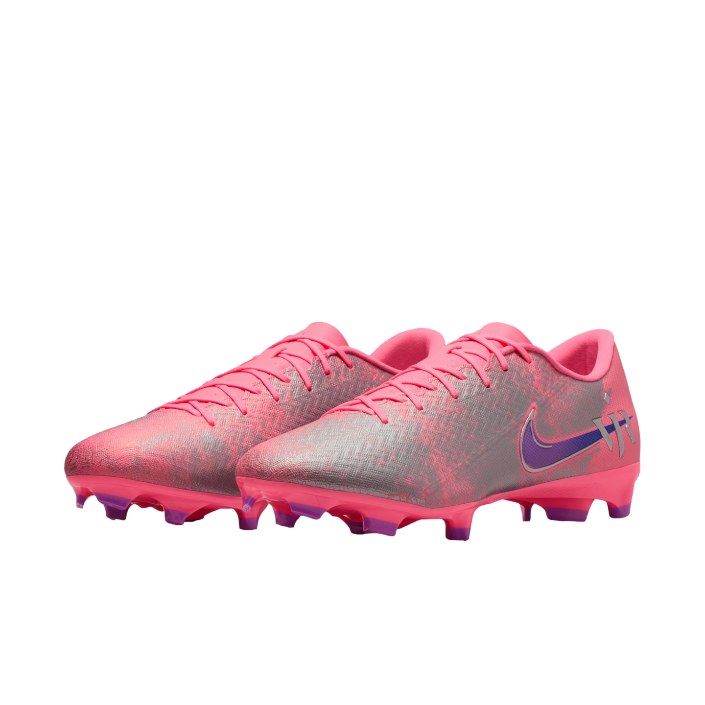 Pink and silver Nike soccer cleats with purple accents and NJR branding on a black background.