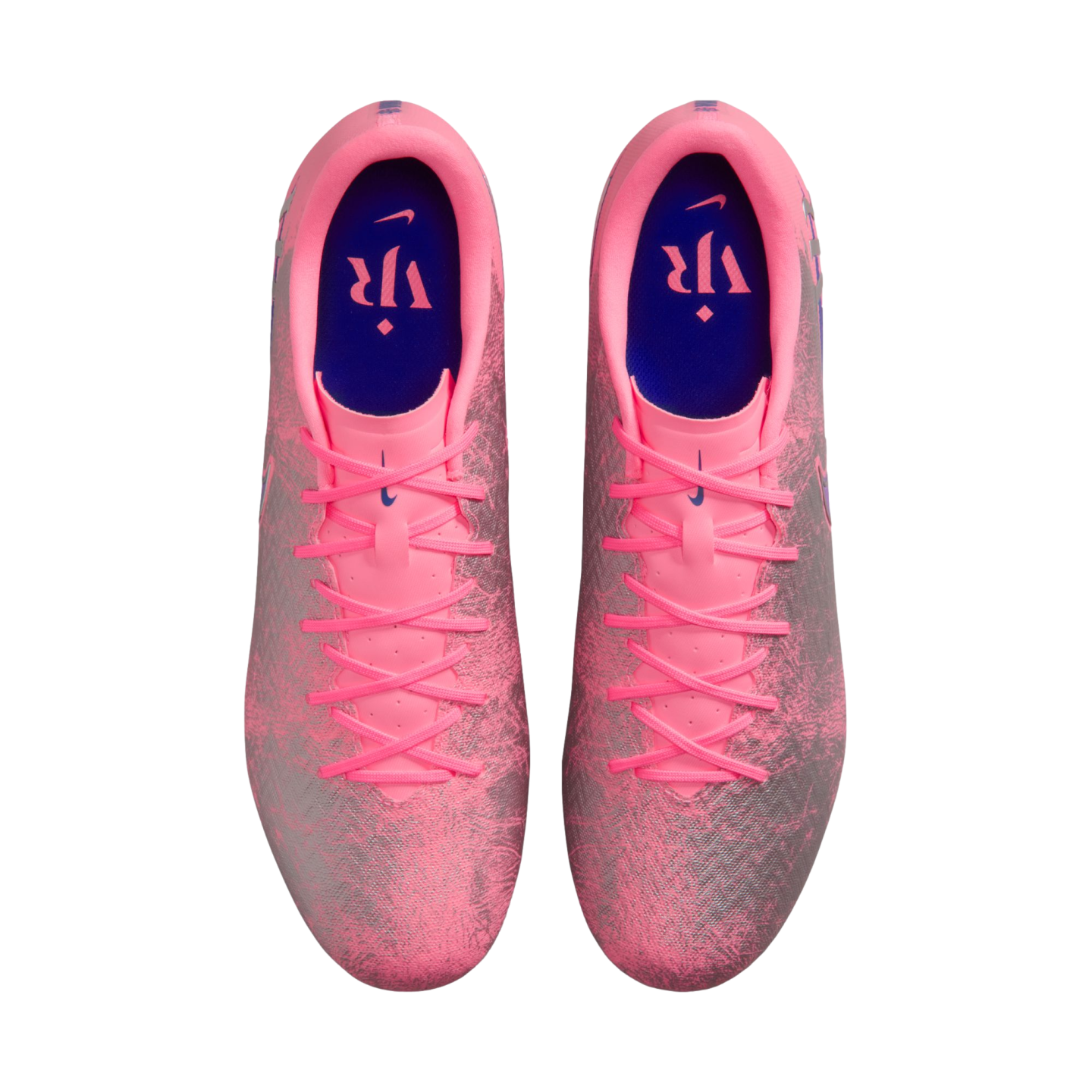Top-down view of pink and grey patterned Nike soccer cleats with pink laces and blue insoles featuring the VJR logo, set against a black background.