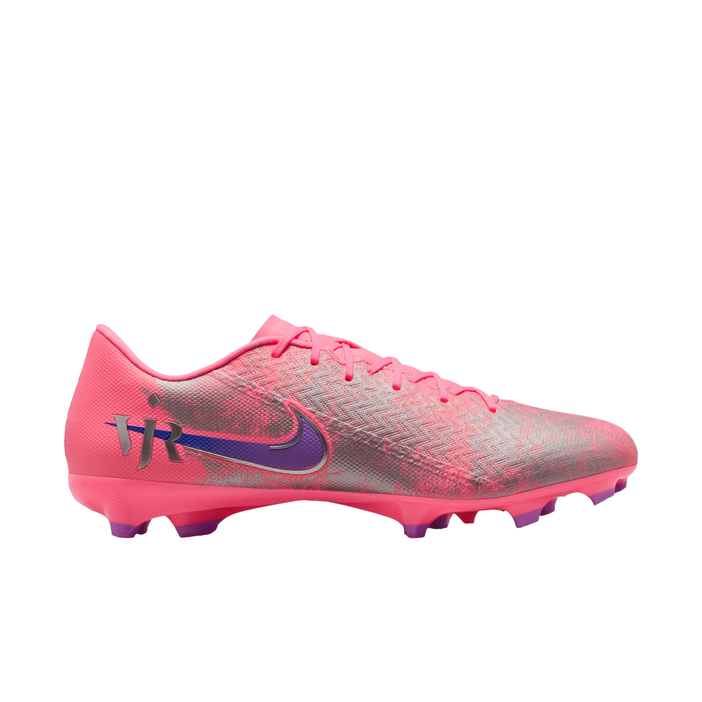 A pink and silver Nike soccer cleat with a purple swoosh and VJR branding, isolated on a solid black background.