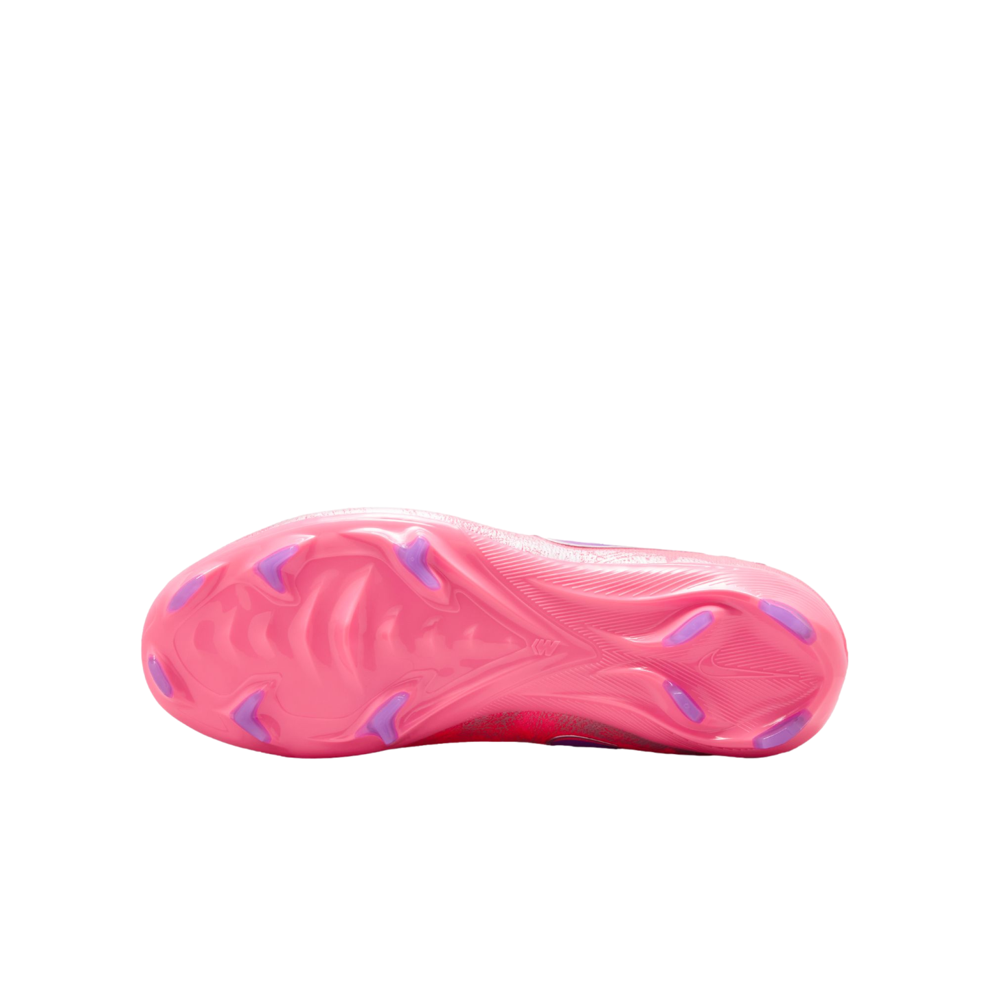 The bottom view of a bright pink soccer cleat featuring purple studs and a textured soleplate, shown against a solid black background.