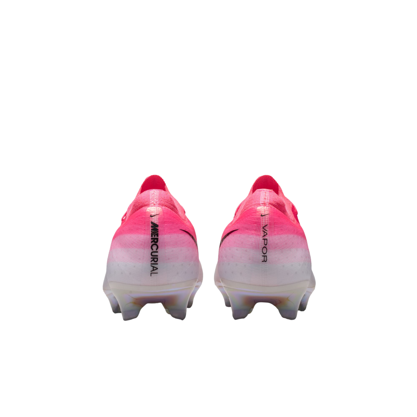 Rear view of two Nike Mercurial Vapor soccer cleats with a pink-to-white gradient. "MERCURIAL" and "VAPOR" are on the heels. Set against a plain white background.