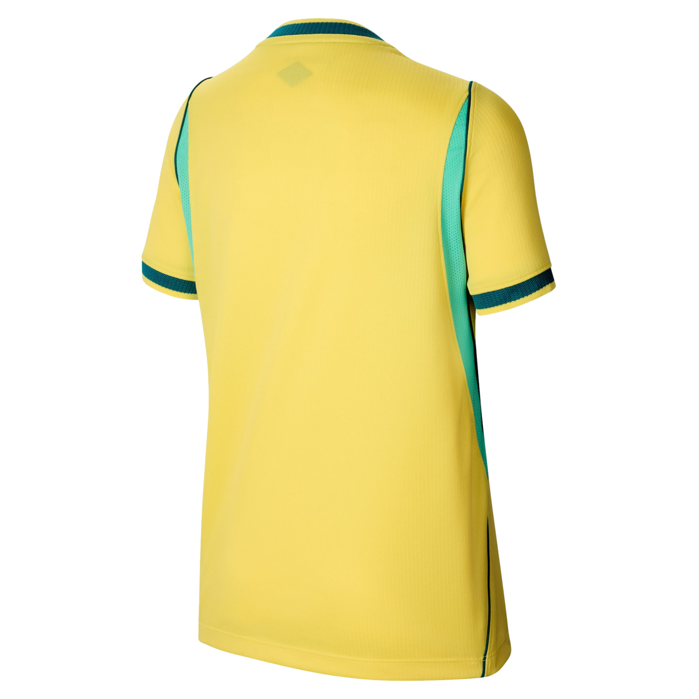Back view of a yellow short-sleeved sports jersey with teal side panels and green and teal striped trim on the collar and cuffs.