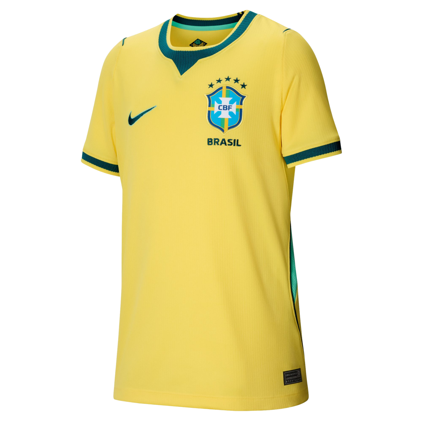 A yellow Brazil national team football jersey with green trim, featuring the team crest and Nike swoosh.