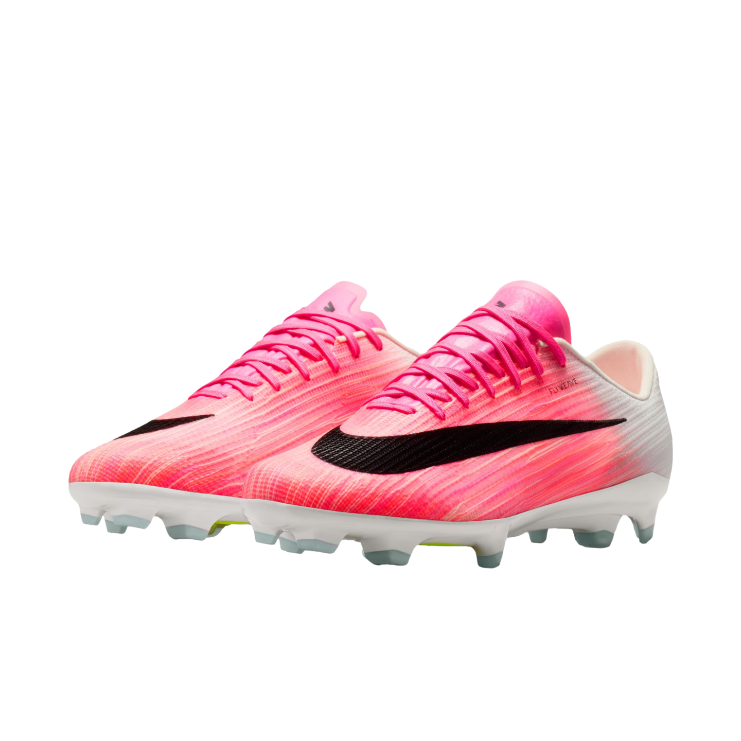 A pair of bright pink and white Nike soccer cleats with a black swoosh and white studded soleplate.