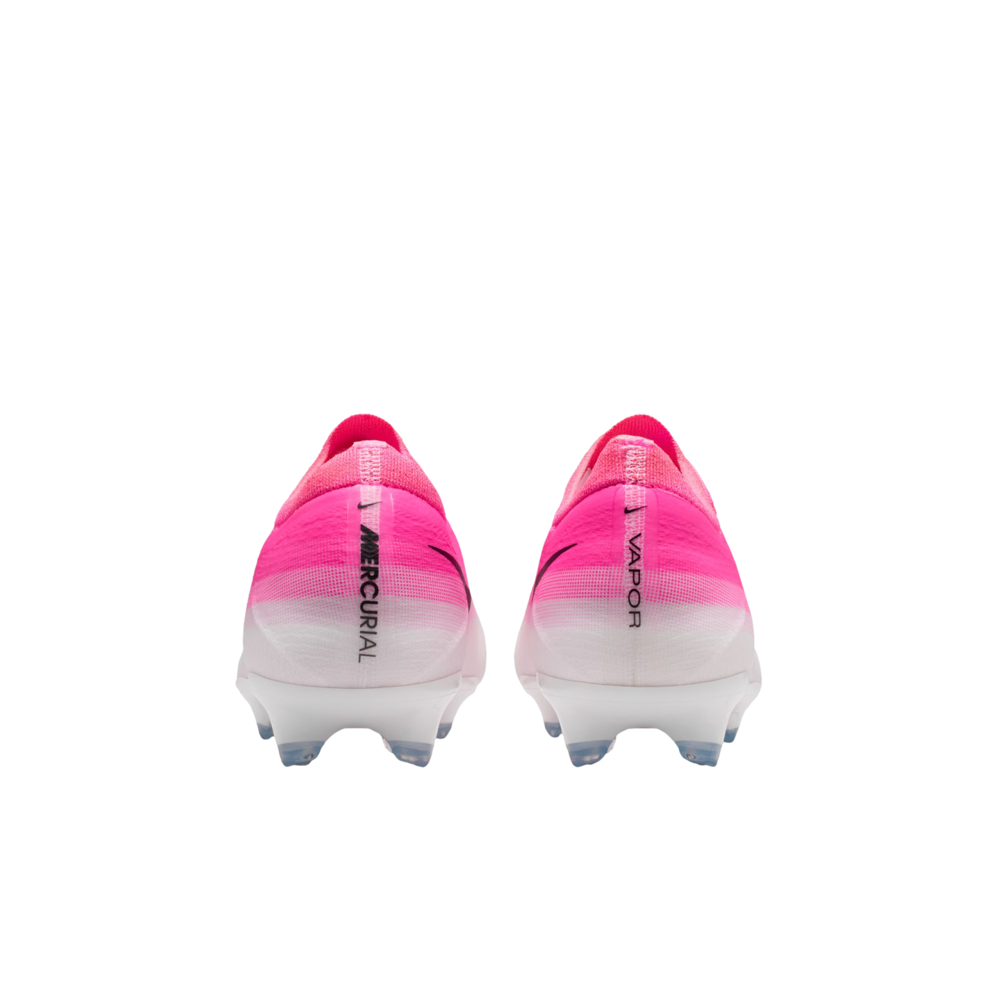 Rear view of pink and white Nike Mercurial Vapor soccer cleats showing "MERCURIAL" and "VAPOR" text on the heels against a white background.