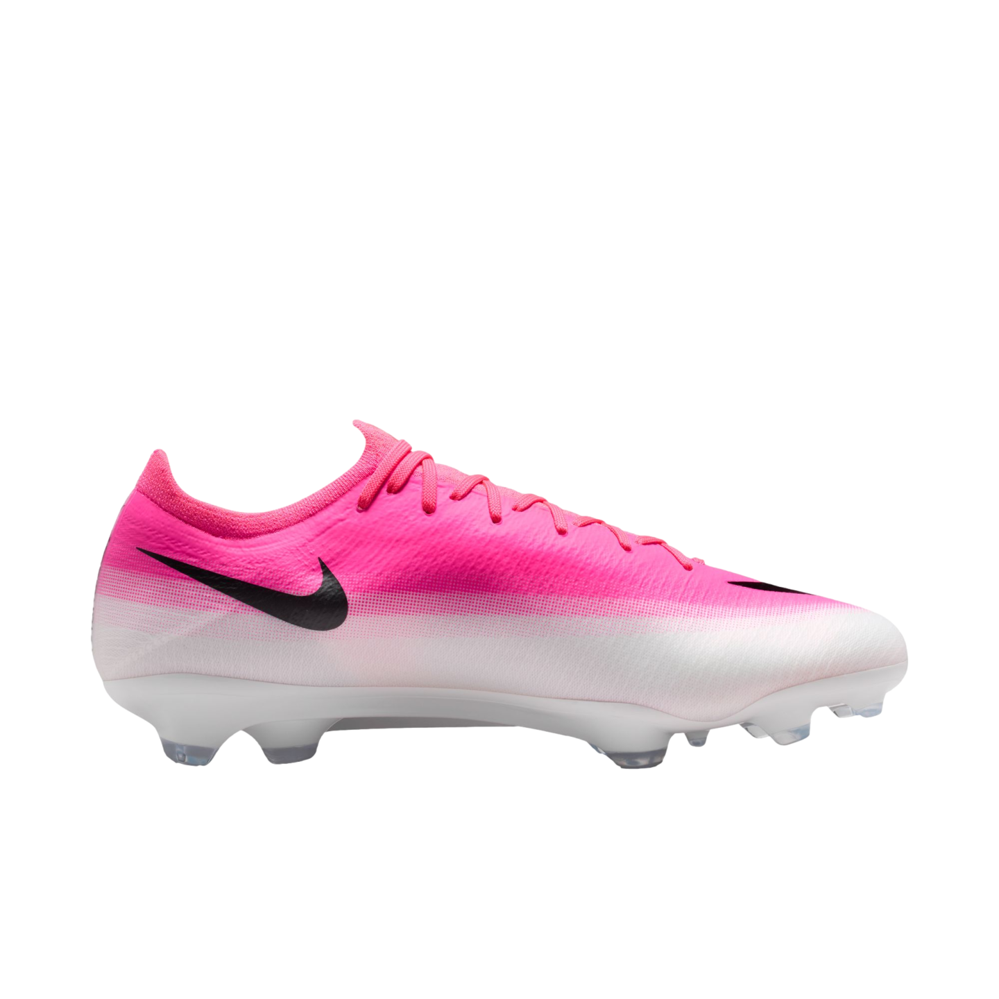 Side view of a Nike soccer cleat featuring a pink and white gradient upper, black swoosh, and white outsole.