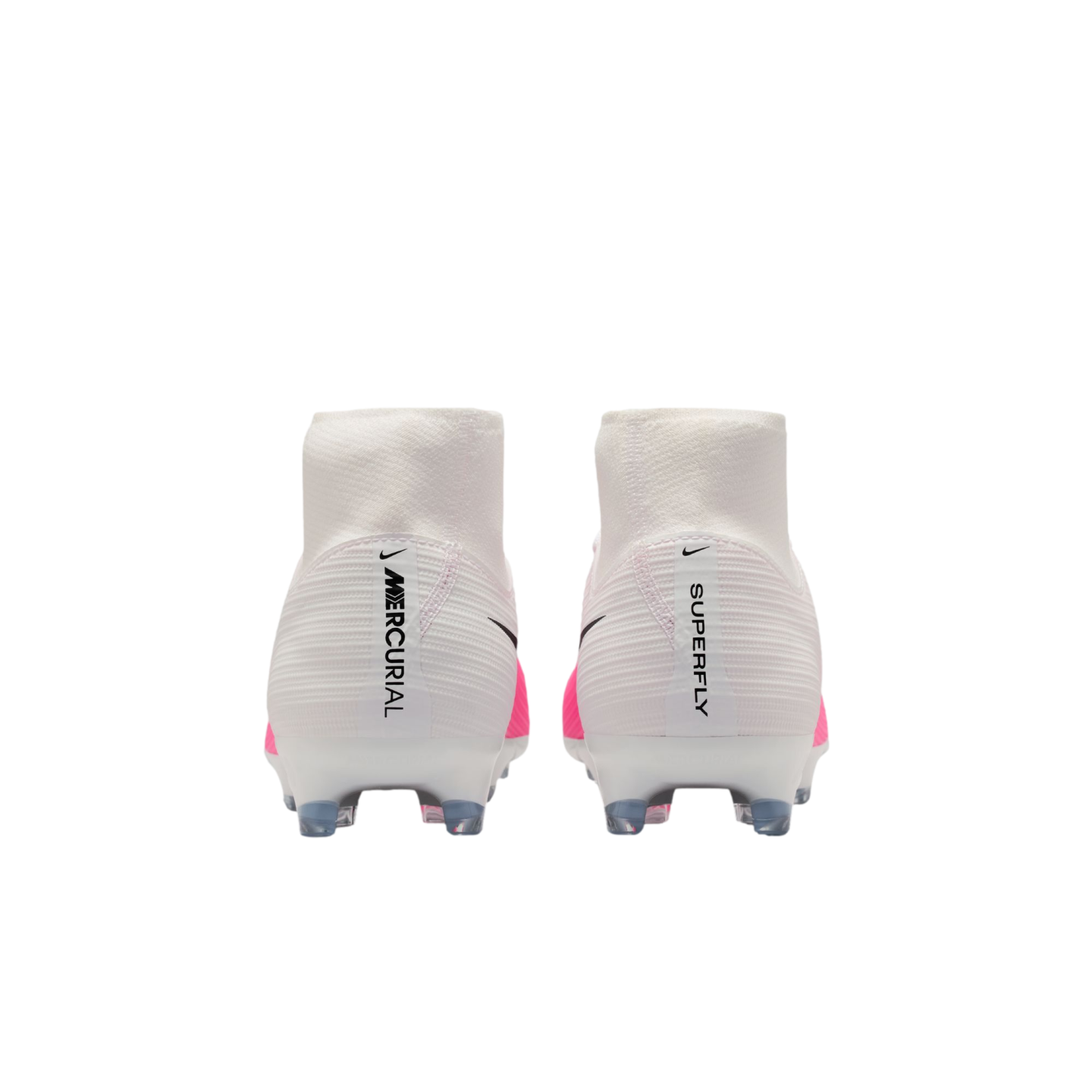 Rear view of white and pink Nike Mercurial Superfly soccer cleats with high-top ankle collars and black branding on the heels.