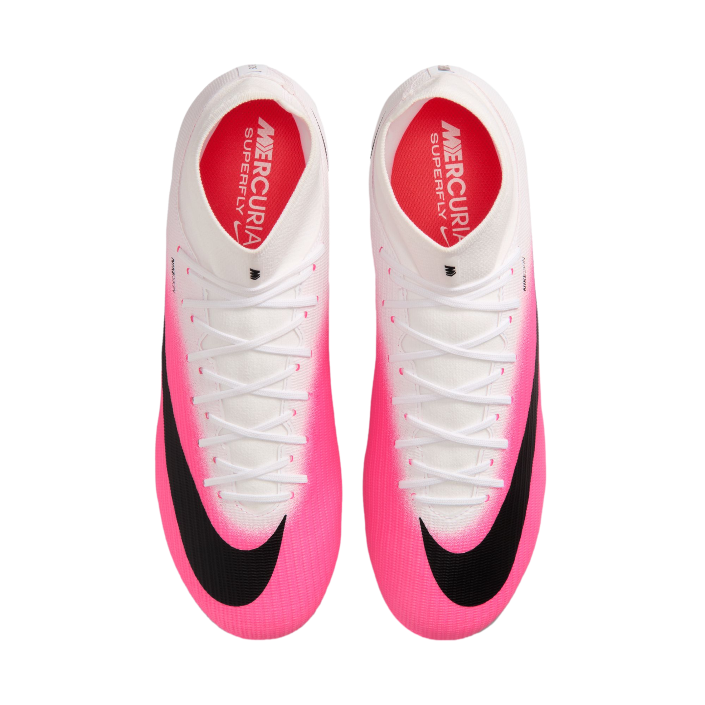 Top-down view of pink and white Nike Mercurial Superfly soccer cleats with black swooshes and integrated ankle collars.