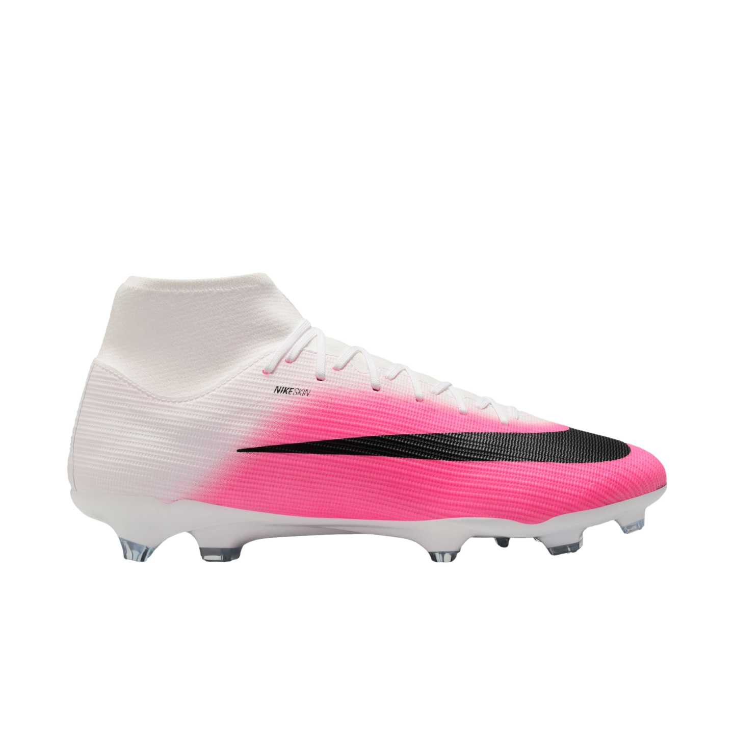 A side view of a white and pink Nike Mercurial soccer cleat with a large black swoosh, high-top collar, and white soleplate.