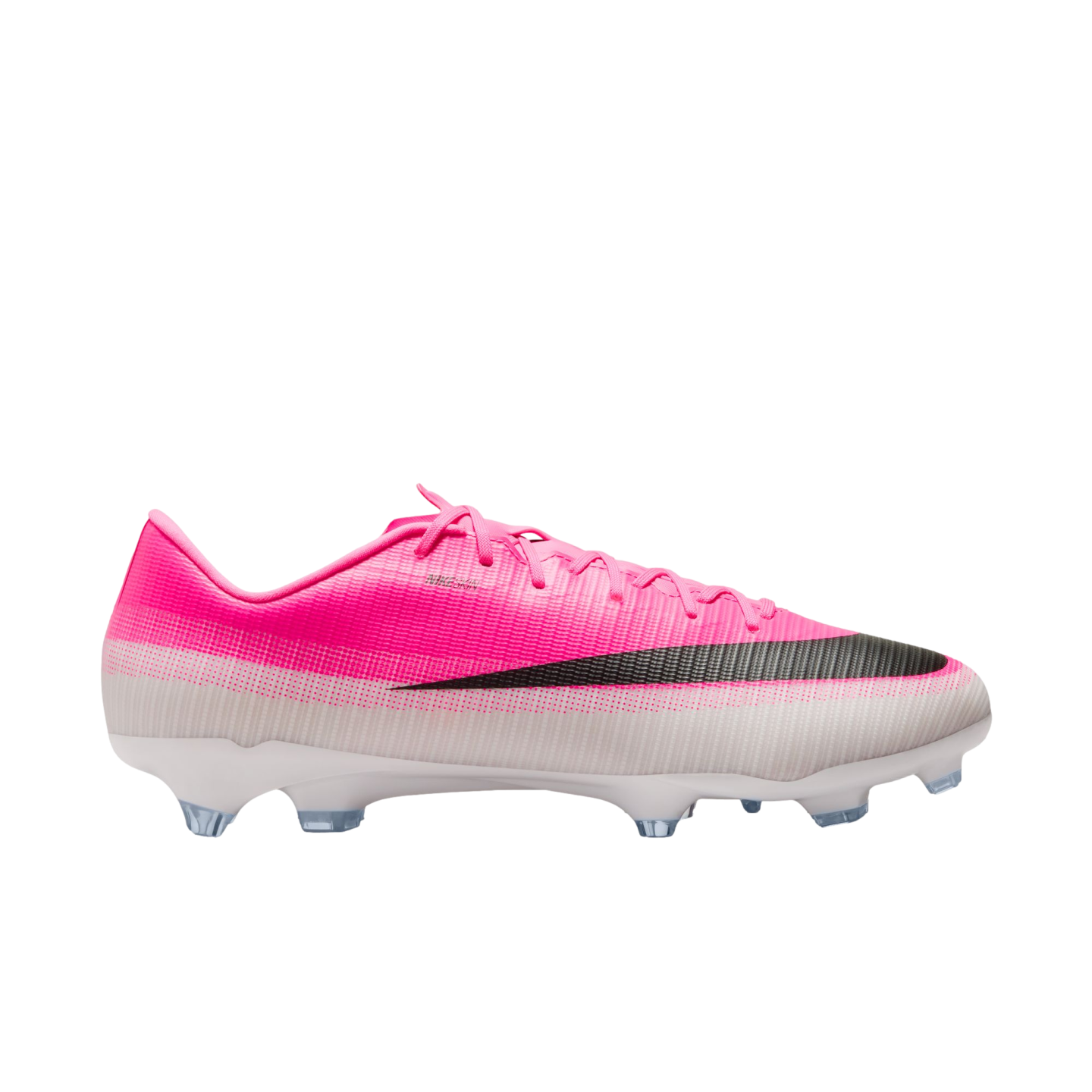 Side profile of a Nike soccer cleat with a bright pink upper fading to white, a large black Swoosh, and clear studs.