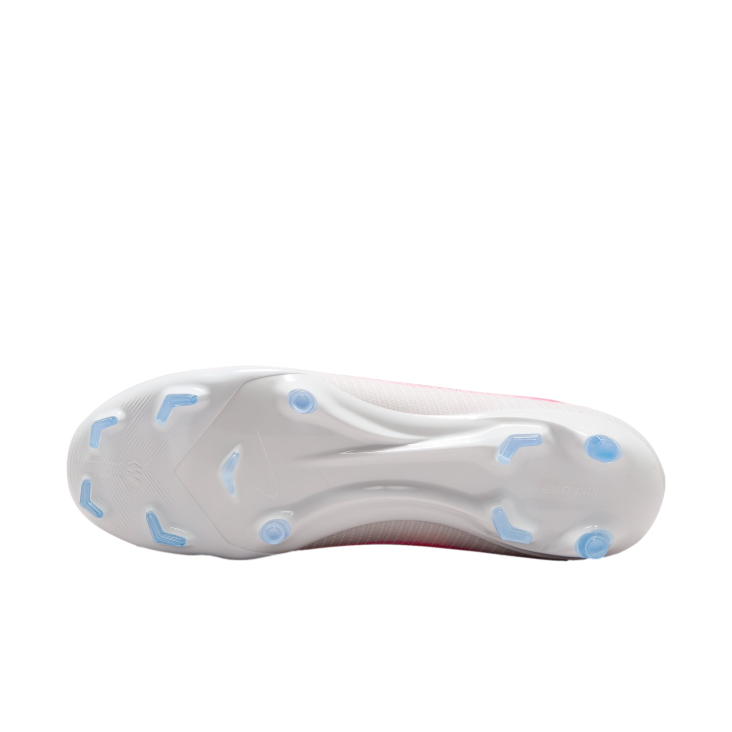 The white and light blue studded outsole of a Nike soccer cleat, seen from below.