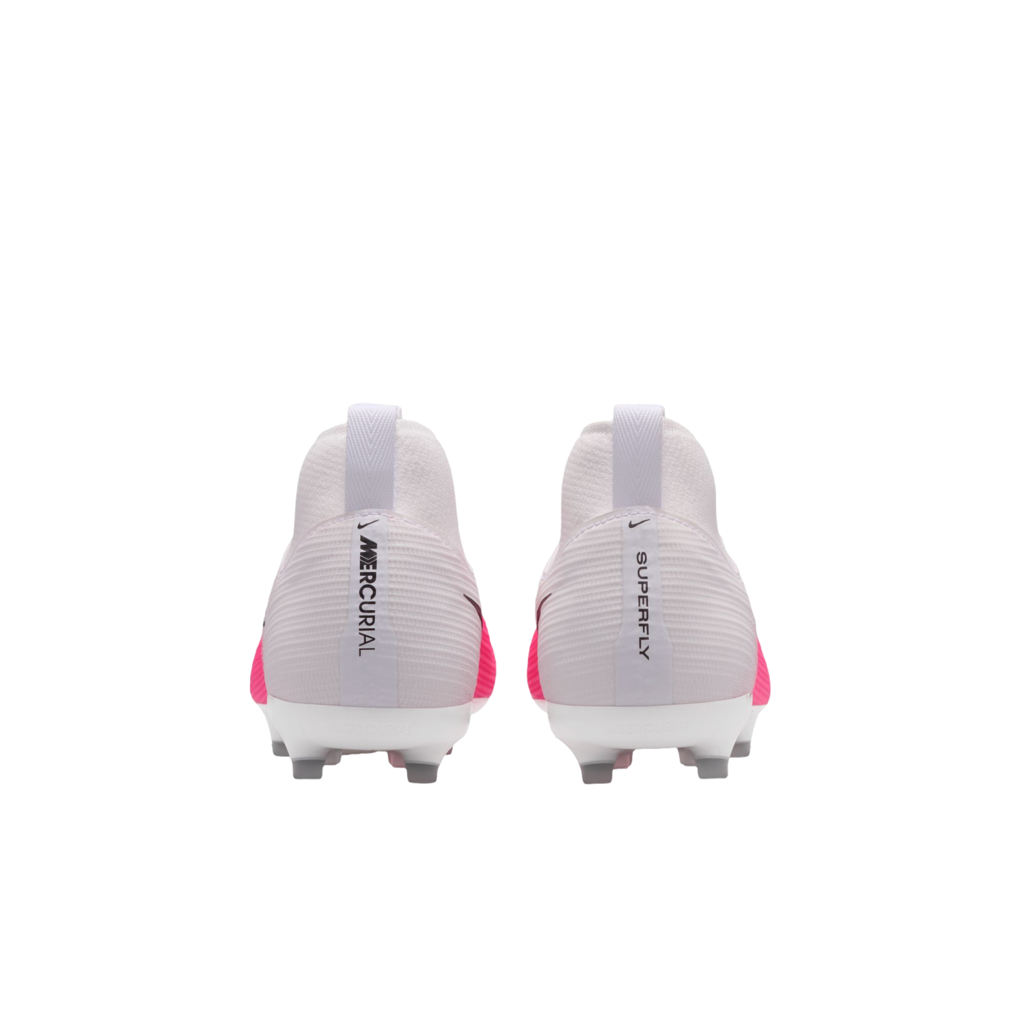 Rear view of white and pink Nike Mercurial Superfly soccer cleats, showing "MERCURIAL" and "SUPERFLY" text on the heel pull tabs.
