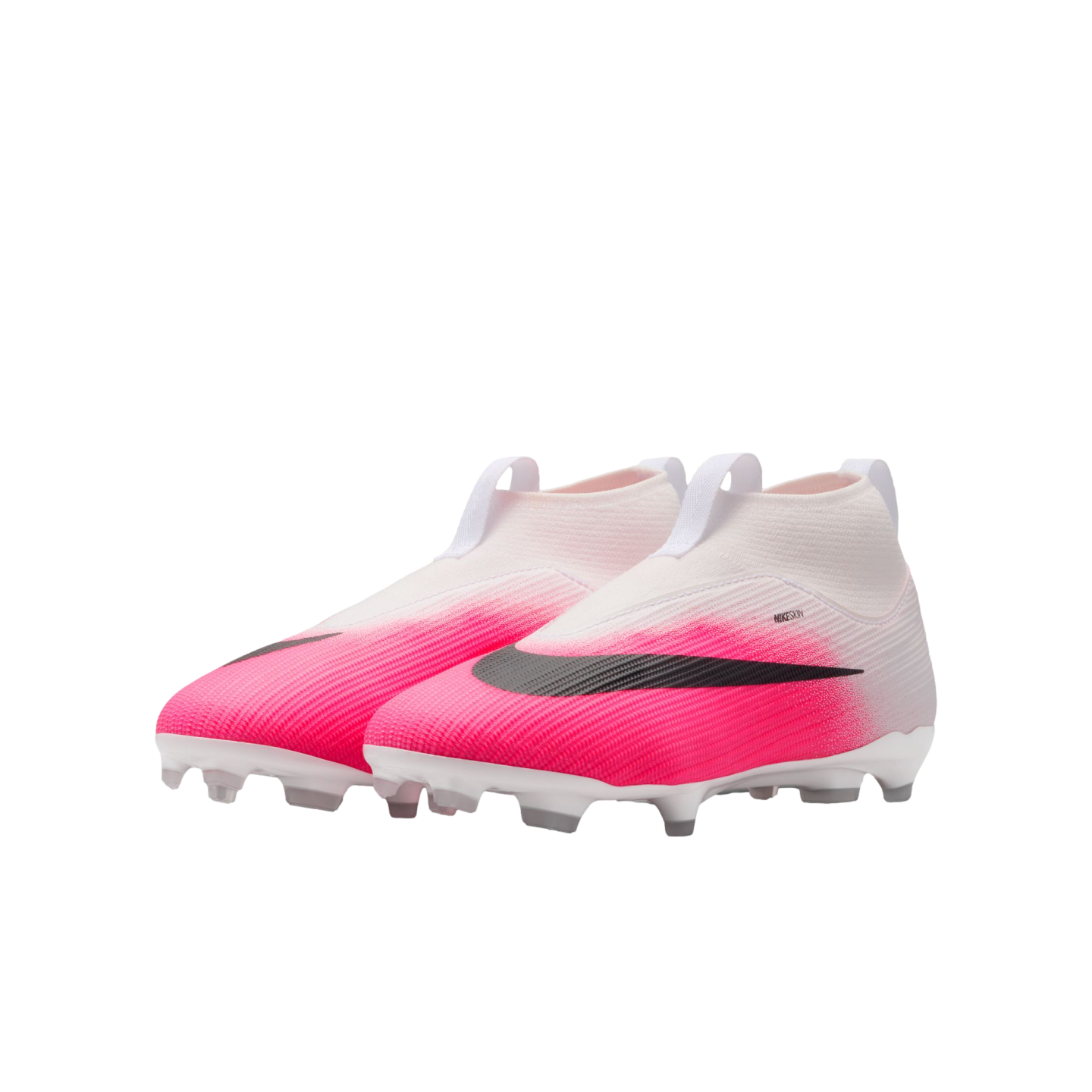 A pair of pink and white gradient Nike laceless soccer cleats with black swooshes and high-top collars.