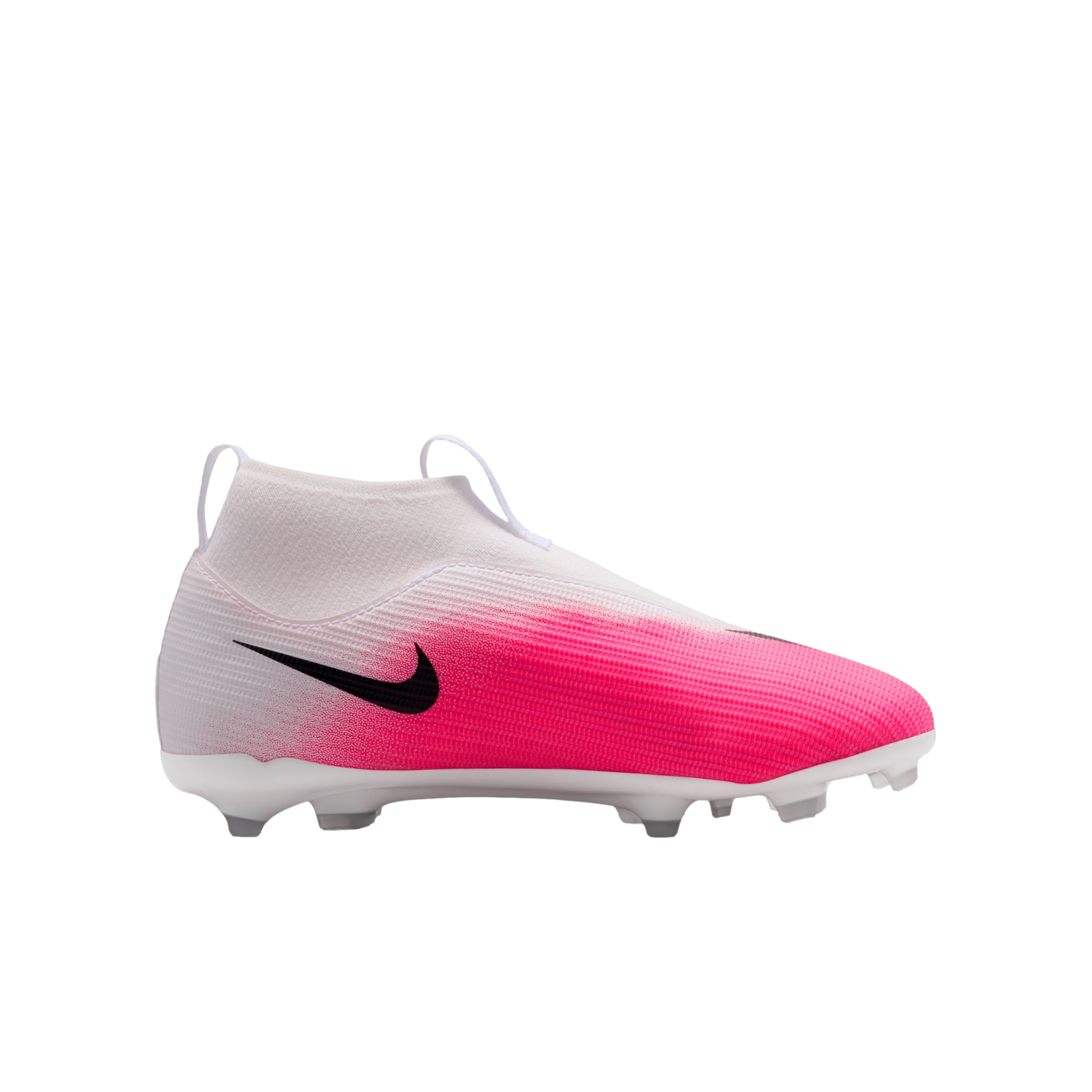 Side view of a white and pink Nike laceless soccer cleat featuring a high-top collar and firm ground studs.
