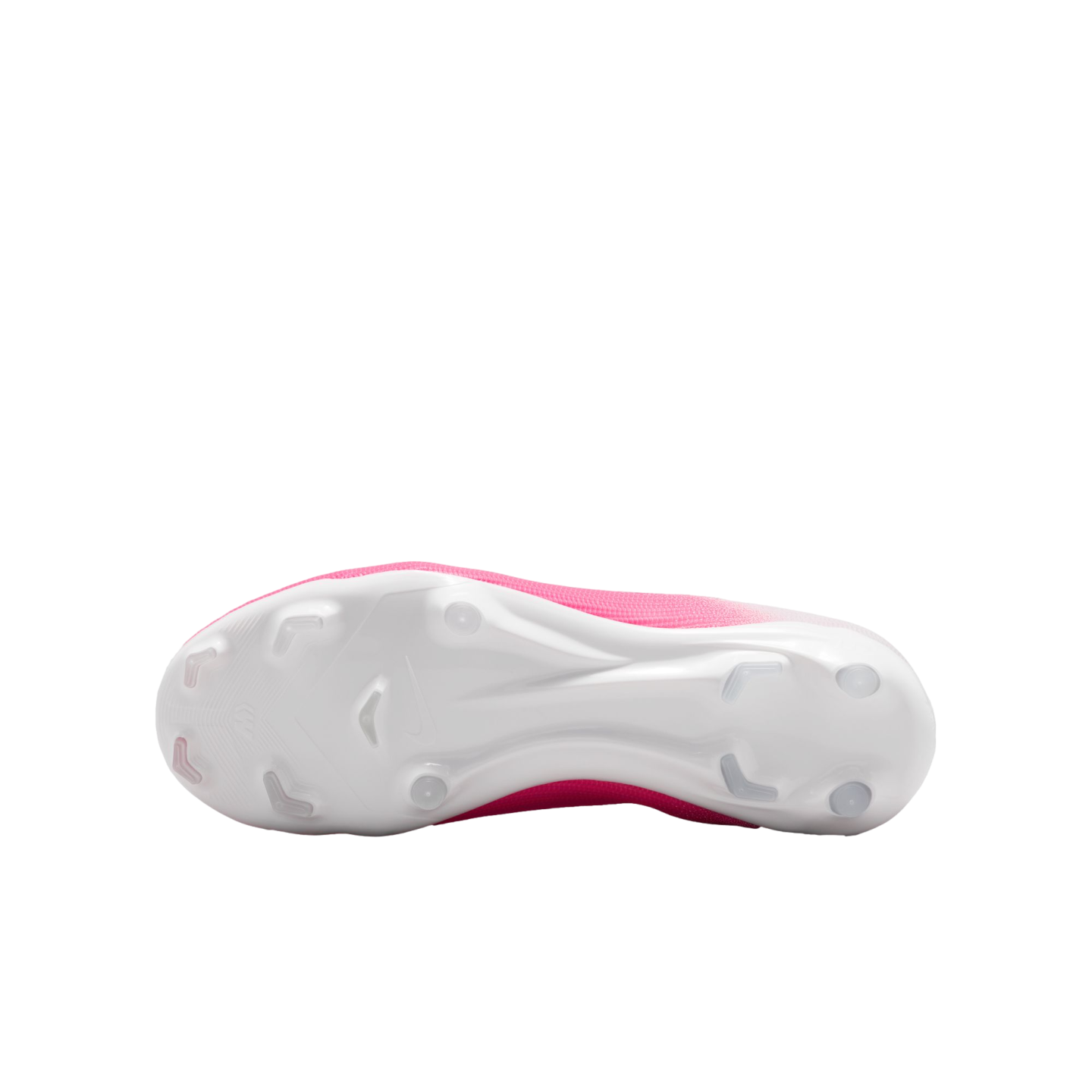 Bottom view of a pink and white soccer cleat with a white soleplate and multi-directional studs, isolated on a white background.