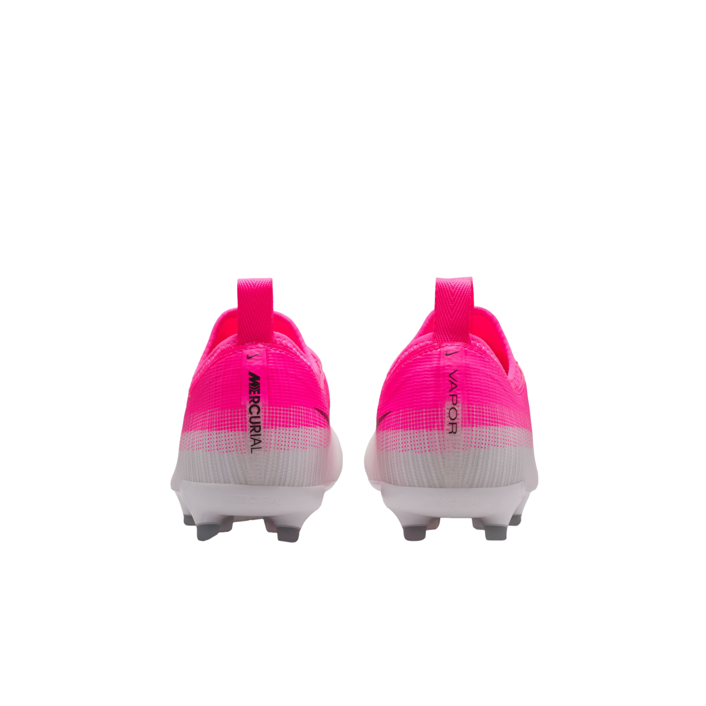 Back view of bright pink and white Nike Mercurial Vapor soccer cleats with vertical branding on the heel pull tabs.