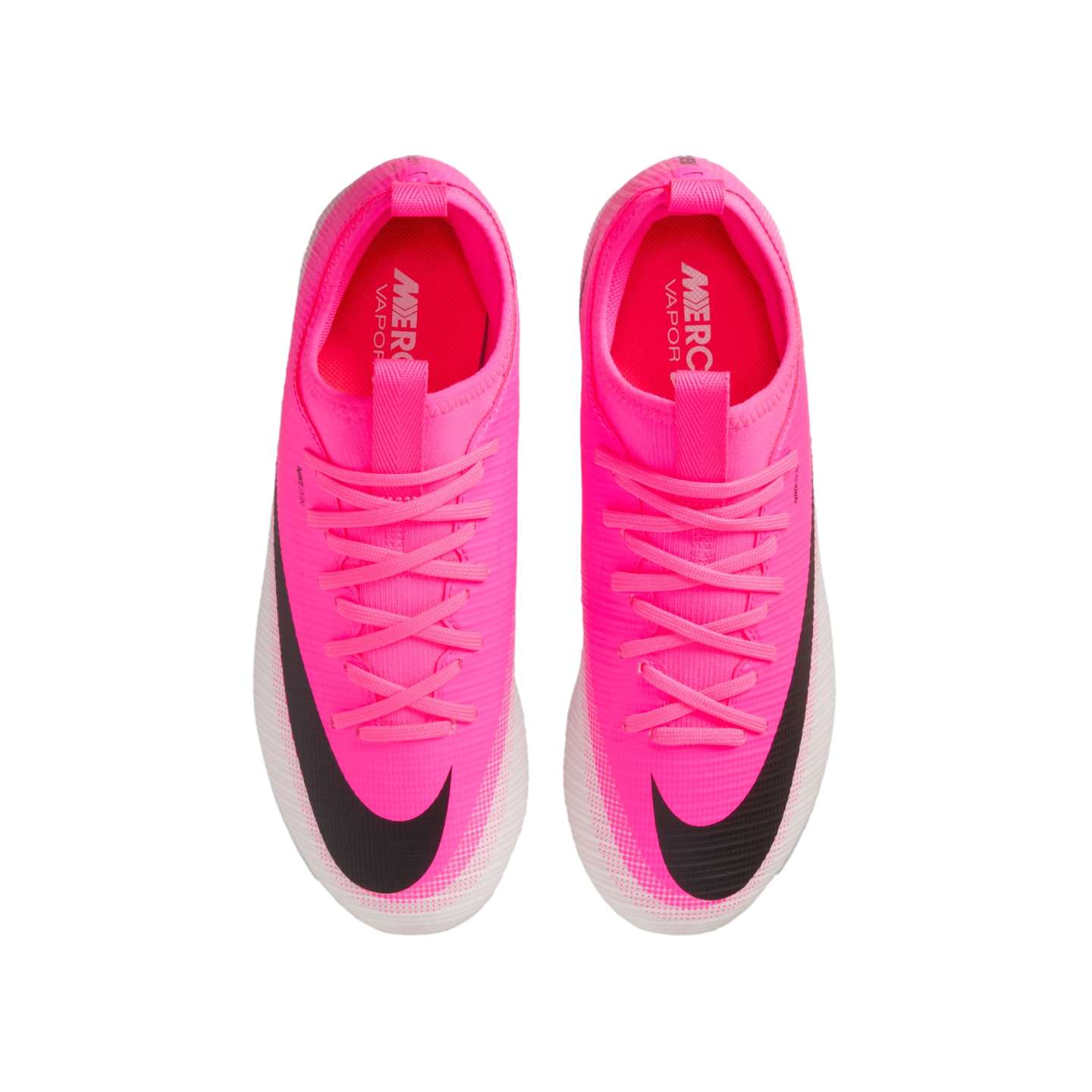 Top-down view of vibrant pink Nike Mercurial Vapor soccer cleats with black swoosh logos and white soles, isolated on a white background.
